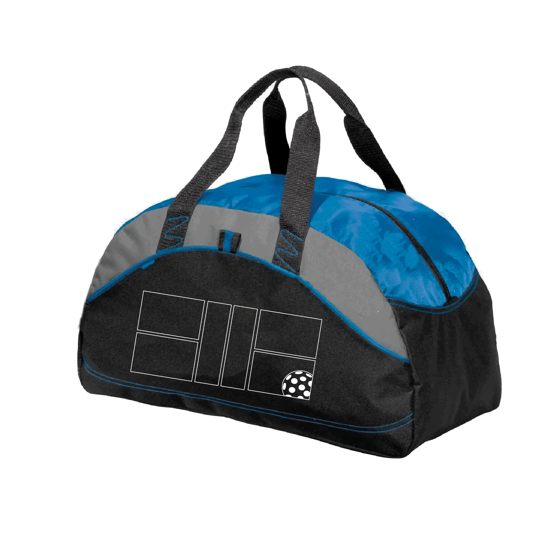 Pickleball Duffel Bag Design: Pickleball Court with Pickleball  Carry your gear in comfort and style. This fun pickleball duffel bag is the perfect accessory for all pickleball players needing to keep their gear in one place. This medium sized duffel tote is ideal for all your pickleball activities. The large center compartment allows for plenty of space and the mesh end pocket is perfect for holding a water bottle. 