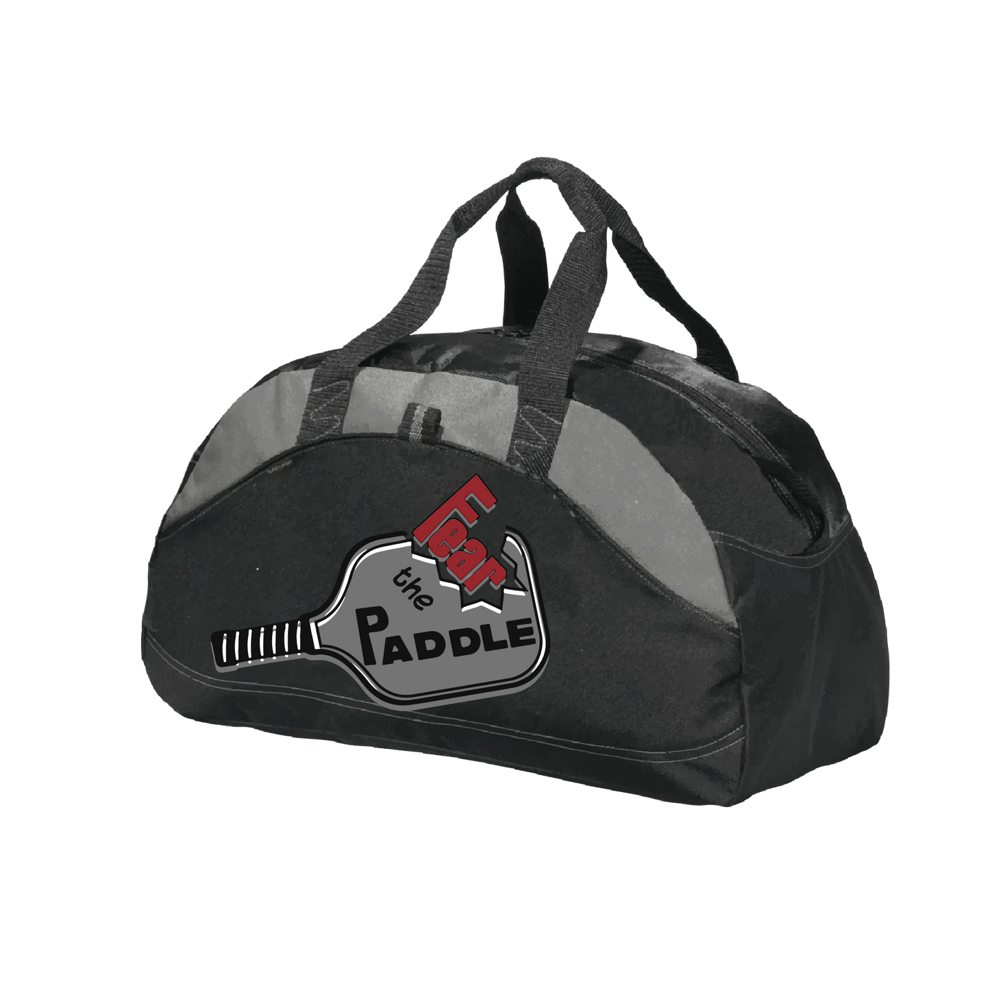 Pickleball Design: Fear the Paddle  Carry your gear in comfort and style. This fun pickleball duffel bag is the perfect accessory for all pickleball players needing to keep their gear in one place. This medium sized duffel tote is ideal for all your pickleball activities. The large center compartment allows for plenty of space and the mesh end pocket is perfect for holding a water bottle. Duffel bag comes with an adjustable shoulder strap and the polyester material is durable and easily cleaned.