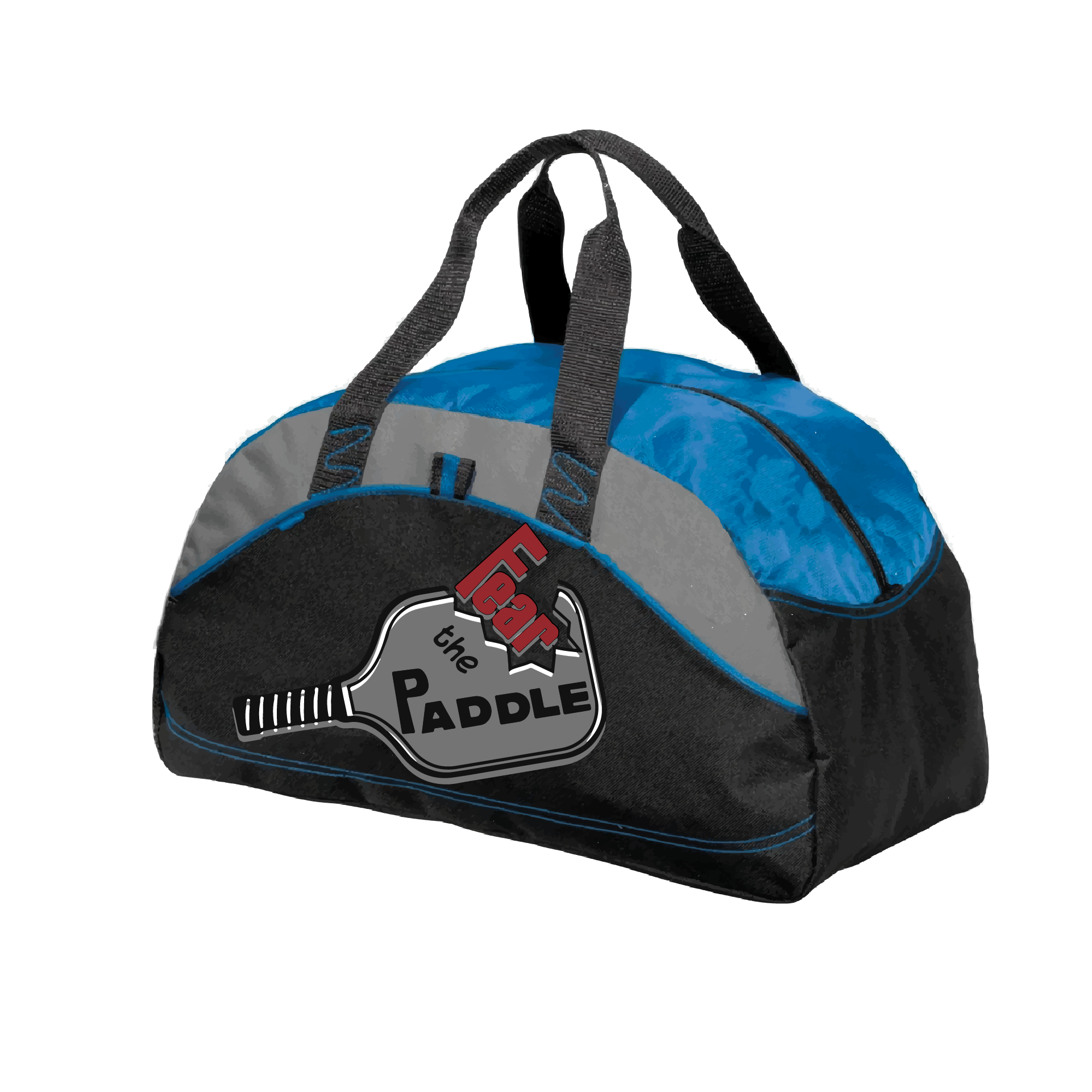 Pickleball Design: Fear the Paddle  Carry your gear in comfort and style. This fun pickleball duffel bag is the perfect accessory for all pickleball players needing to keep their gear in one place. This medium sized duffel tote is ideal for all your pickleball activities. The large center compartment allows for plenty of space and the mesh end pocket is perfect for holding a water bottle. Duffel bag comes with an adjustable shoulder strap and the polyester material is durable and easily cleaned.