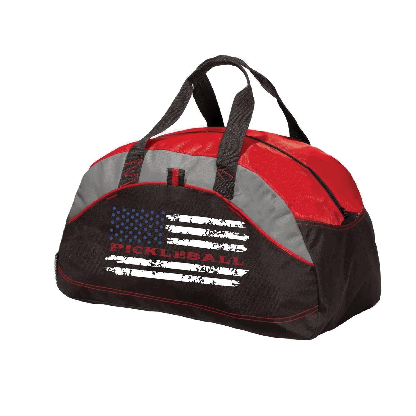 Pickleball Duffel Bag Design: Pickleball Flag  Carry your gear in comfort and style. This fun pickleball duffel bag is the perfect accessory for all pickleball players needing to keep their gear in one place. This medium sized duffel tote is ideal for all your pickleball activities. The large center compartment allows for plenty of space and the mesh end pocket is perfect for holding a water bottle. 