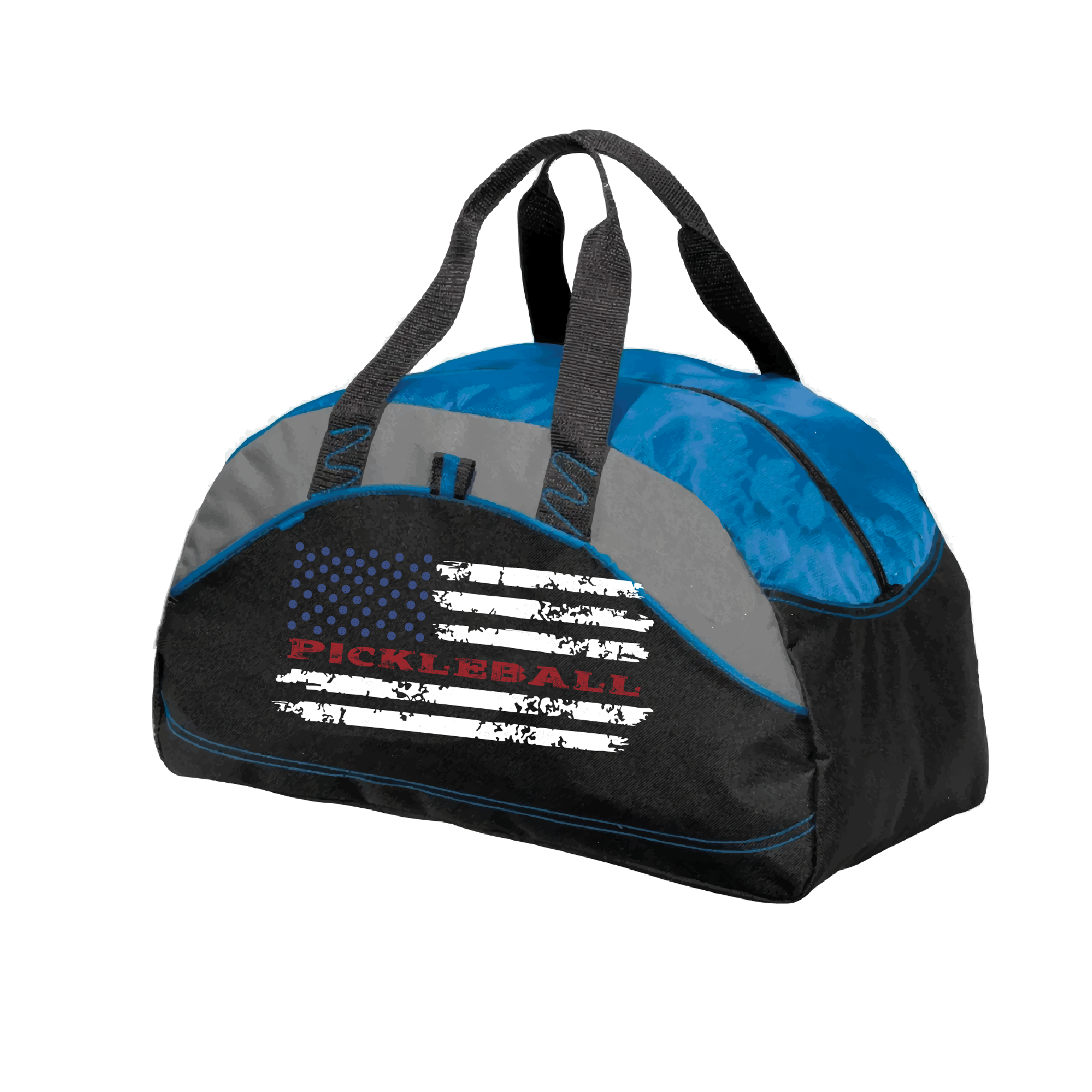 Pickleball Duffel Bag Design: Pickleball Flag  Carry your gear in comfort and style. This fun pickleball duffel bag is the perfect accessory for all pickleball players needing to keep their gear in one place. This medium sized duffel tote is ideal for all your pickleball activities. The large center compartment allows for plenty of space and the mesh end pocket is perfect for holding a water bottle. 