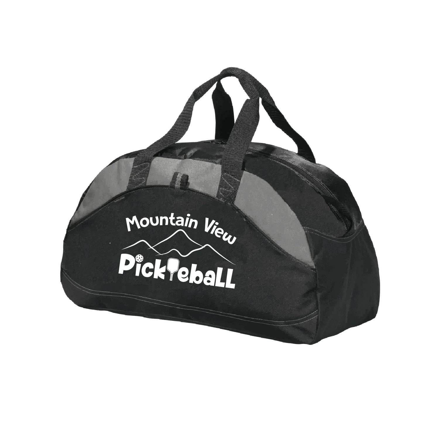 Pickleball Design: Mt. View Pickleball Club  Carry your gear in comfort and style. This fun pickleball duffel bag is the perfect accessory for all pickleball players needing to keep their gear in one place. This medium sized duffel tote is ideal for all your pickleball activities. The large center compartment allows for plenty of space and the mesh end pocket is perfect for holding a water bottle. Duffel bag comes with an adjustable shoulder strap and the polyester material is durable and easily cleaned.