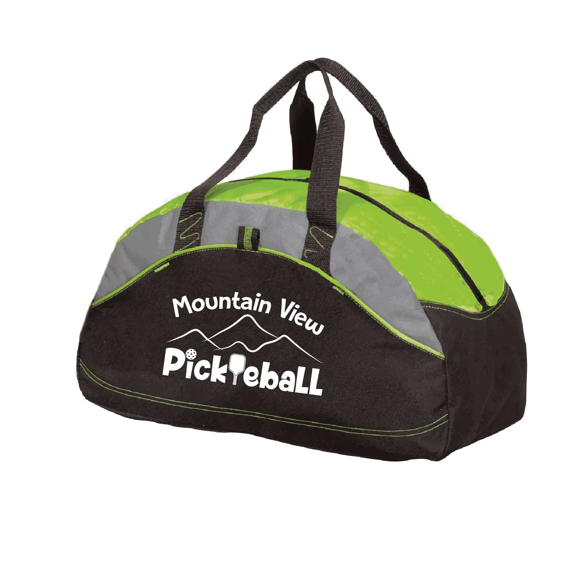Pickleball Design: Mt. View Pickleball Club  Carry your gear in comfort and style. This fun pickleball duffel bag is the perfect accessory for all pickleball players needing to keep their gear in one place. This medium sized duffel tote is ideal for all your pickleball activities. The large center compartment allows for plenty of space and the mesh end pocket is perfect for holding a water bottle. Duffel bag comes with an adjustable shoulder strap and the polyester material is durable and easily cleaned.