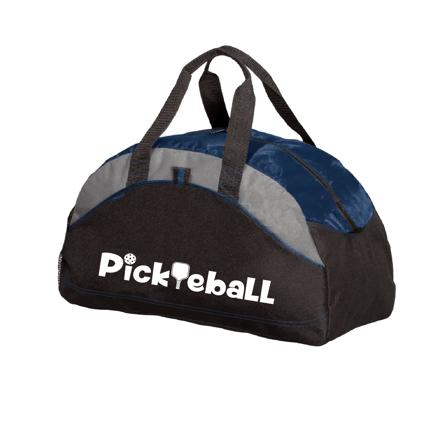 Pickleball Design: Pickleball  Carry your gear in comfort and style. This fun pickleball duffel bag is the perfect accessory for all pickleball players needing to keep their gear in one place. This medium sized duffel tote is ideal for all your pickleball activities. The large center compartment allows for plenty of space and the mesh end pocket is perfect for holding a water bottle.