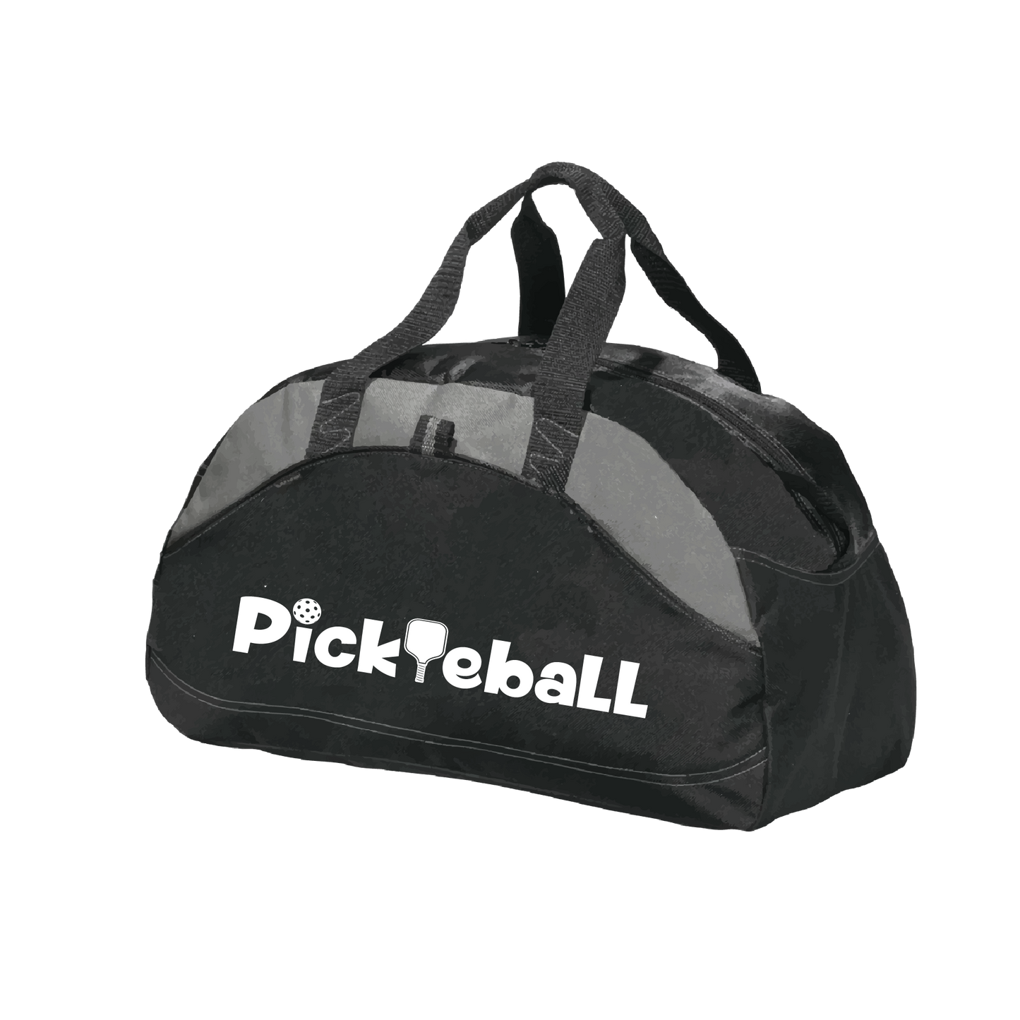 Pickleball Design: Pickleball  Carry your gear in comfort and style. This fun pickleball duffel bag is the perfect accessory for all pickleball players needing to keep their gear in one place. This medium sized duffel tote is ideal for all your pickleball activities. The large center compartment allows for plenty of space and the mesh end pocket is perfect for holding a water bottle.