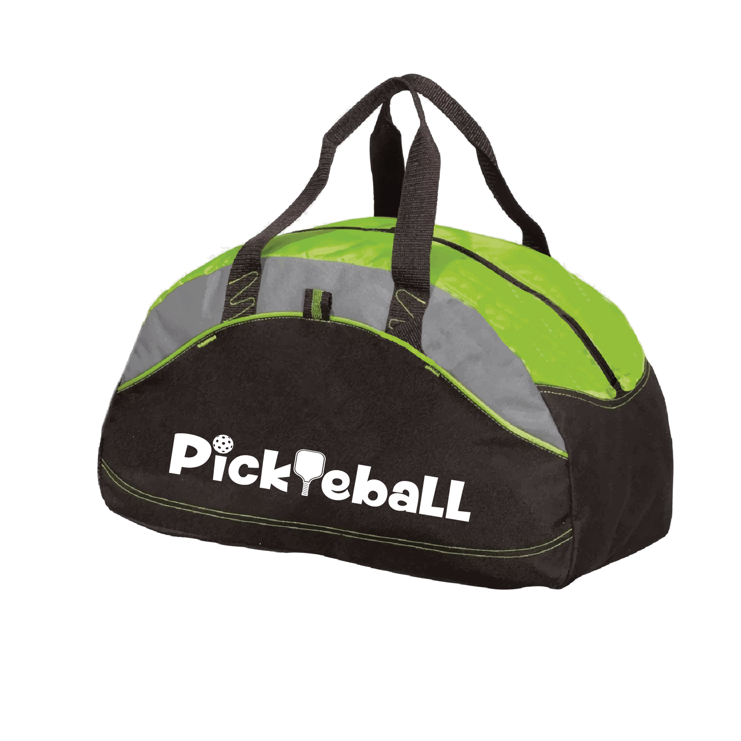 Pickleball Design: Pickleball  Carry your gear in comfort and style. This fun pickleball duffel bag is the perfect accessory for all pickleball players needing to keep their gear in one place. This medium sized duffel tote is ideal for all your pickleball activities. The large center compartment allows for plenty of space and the mesh end pocket is perfect for holding a water bottle.