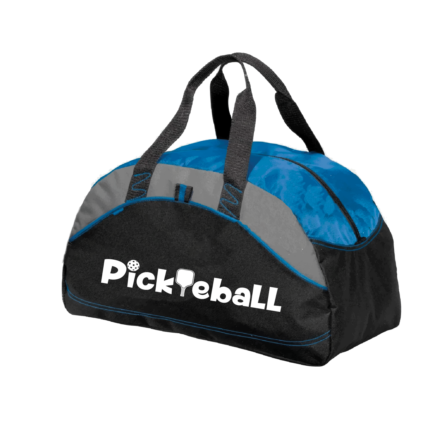 Pickleball Design: Pickleball  Carry your gear in comfort and style. This fun pickleball duffel bag is the perfect accessory for all pickleball players needing to keep their gear in one place. This medium sized duffel tote is ideal for all your pickleball activities. The large center compartment allows for plenty of space and the mesh end pocket is perfect for holding a water bottle.