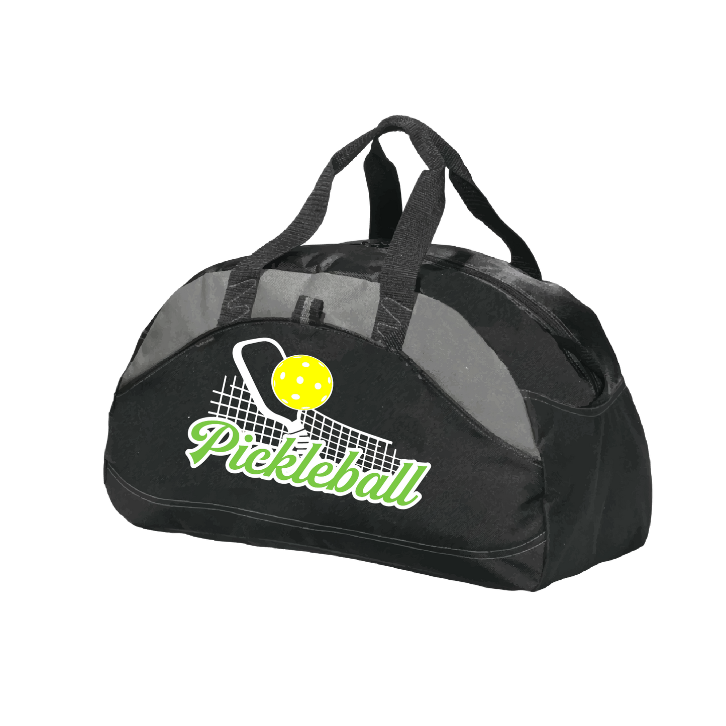 Picklebal Duffel Bag Design: Pickleball Net & Paddle  Carry your gear in comfort and style. This fun pickleball duffel bag is the perfect accessory for all pickleball players needing to keep their gear in one place. This medium sized duffel tote is ideal for all your pickleball activities. The large center compartment allows for plenty of space and the mesh end pocket is perfect for holding a water bottle.