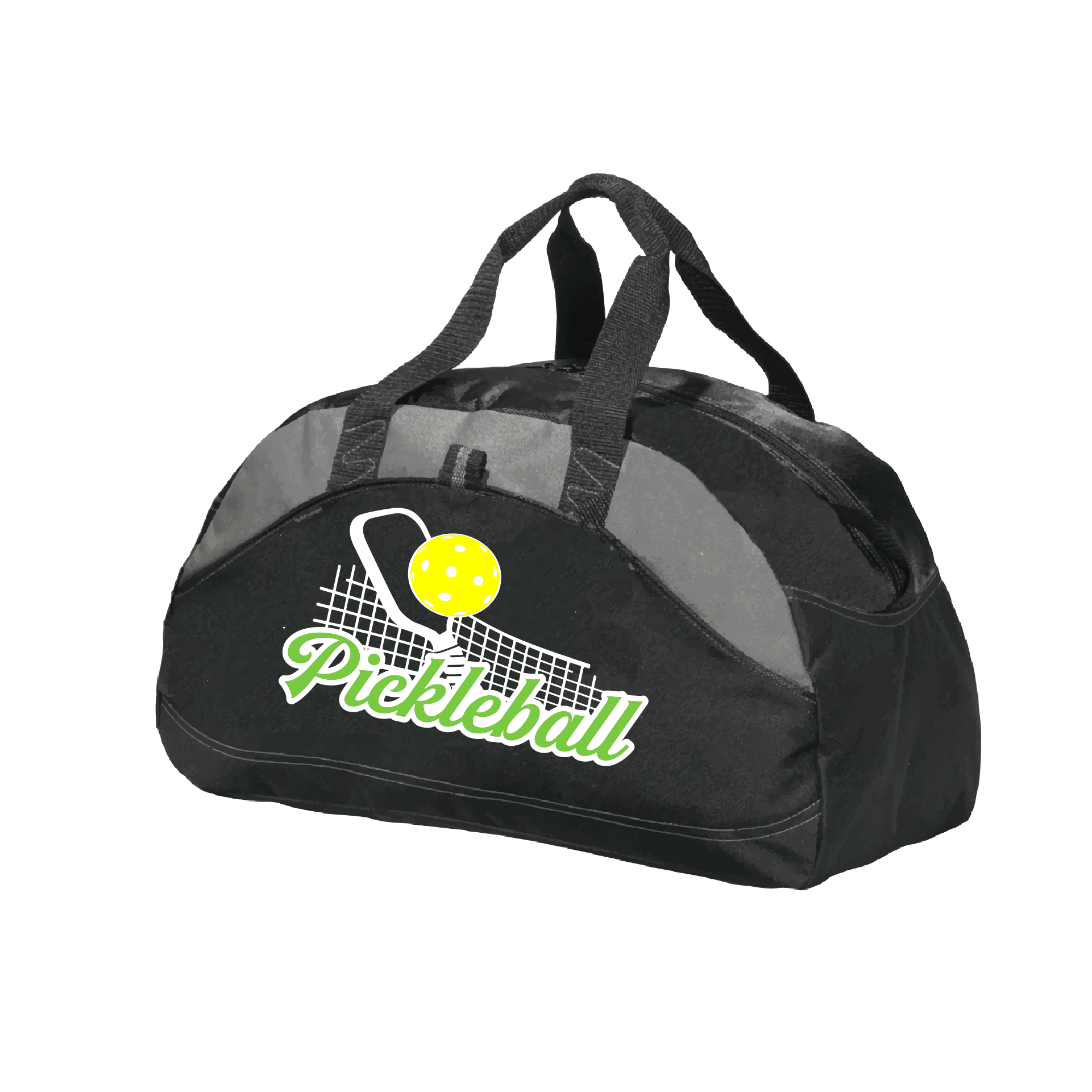 Picklebal Duffel Bag Design: Pickleball Net & Paddle  Carry your gear in comfort and style. This fun pickleball duffel bag is the perfect accessory for all pickleball players needing to keep their gear in one place. This medium sized duffel tote is ideal for all your pickleball activities. The large center compartment allows for plenty of space and the mesh end pocket is perfect for holding a water bottle.