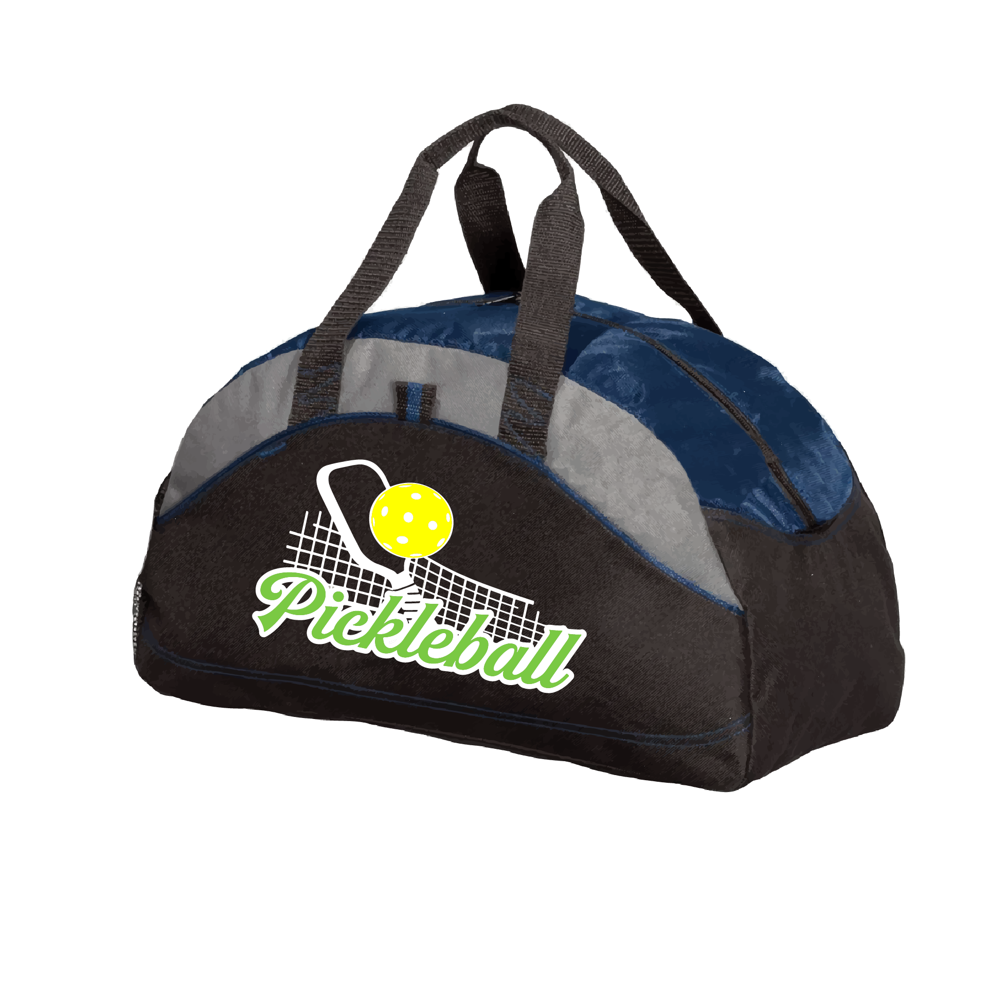 Picklebal Duffel Bag Design: Pickleball Net & Paddle  Carry your gear in comfort and style. This fun pickleball duffel bag is the perfect accessory for all pickleball players needing to keep their gear in one place. This medium sized duffel tote is ideal for all your pickleball activities. The large center compartment allows for plenty of space and the mesh end pocket is perfect for holding a water bottle.