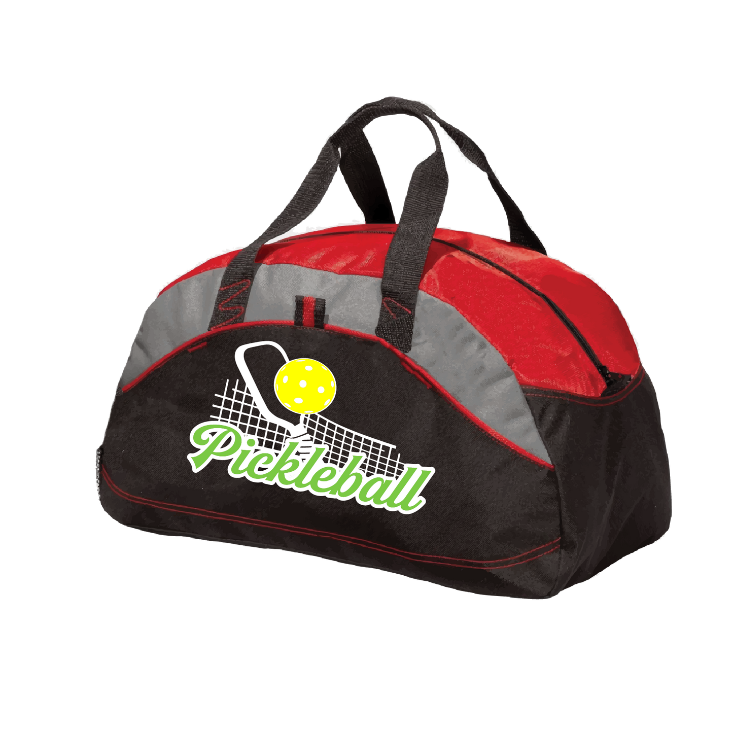 Picklebal Duffel Bag Design: Pickleball Net & Paddle  Carry your gear in comfort and style. This fun pickleball duffel bag is the perfect accessory for all pickleball players needing to keep their gear in one place. This medium sized duffel tote is ideal for all your pickleball activities. The large center compartment allows for plenty of space and the mesh end pocket is perfect for holding a water bottle.