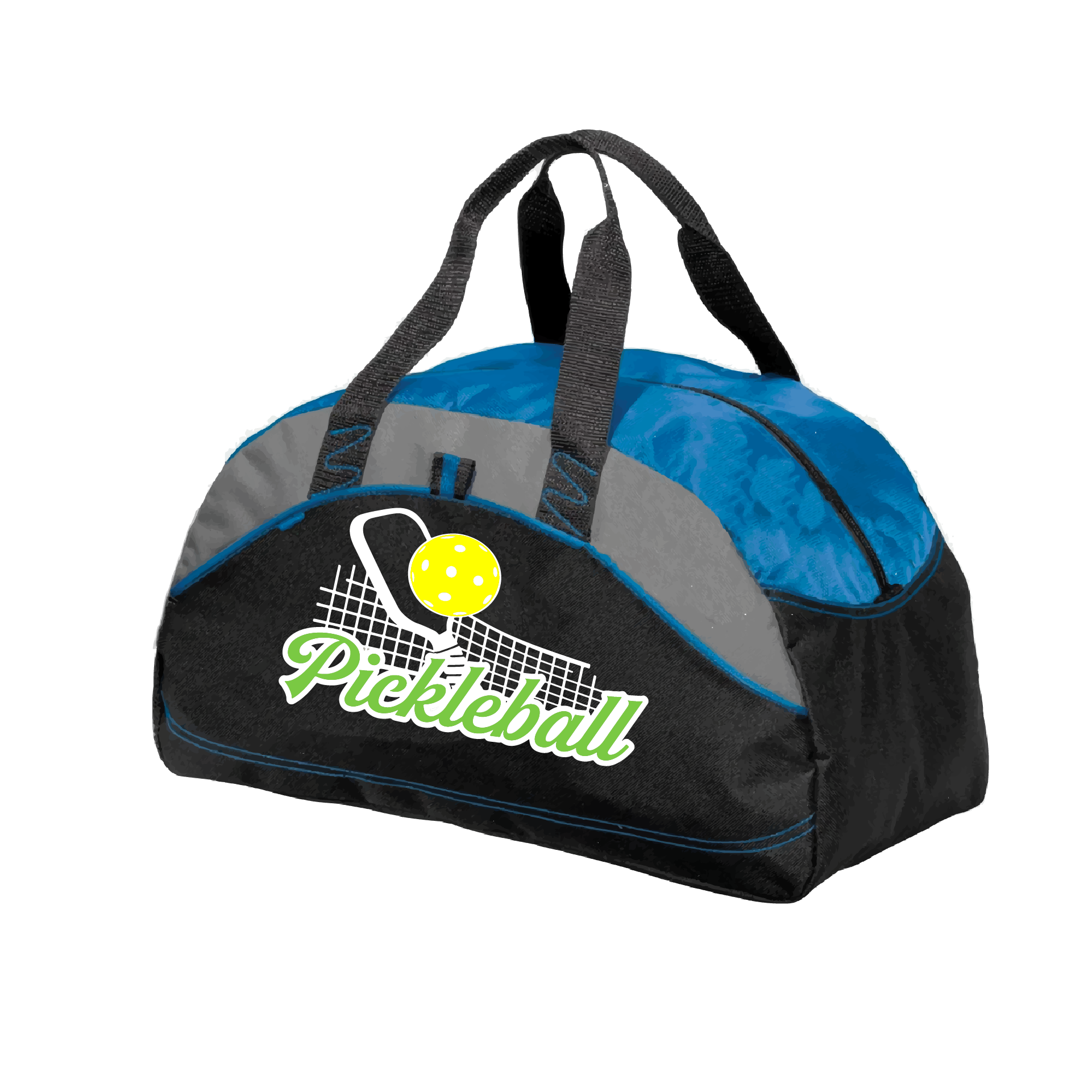 Picklebal Duffel Bag Design: Pickleball Net & Paddle  Carry your gear in comfort and style. This fun pickleball duffel bag is the perfect accessory for all pickleball players needing to keep their gear in one place. This medium sized duffel tote is ideal for all your pickleball activities. The large center compartment allows for plenty of space and the mesh end pocket is perfect for holding a water bottle.