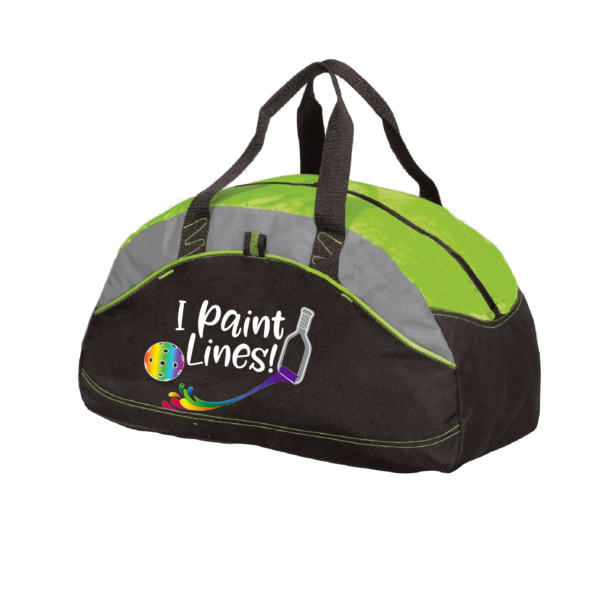 Pickleball Bag Design: I Paint Lines  Carry your gear in comfort and style. This fun pickleball duffel bag is the perfect accessory for all pickleball players needing to keep their gear in one place. This medium sized duffel tote is ideal for all your pickleball activities. The large center compartment allows for plenty of space and the mesh end pocket is perfect for holding a water bottle. Duffel bag comes with an adjustable shoulder strap and the polyester material is durable and easily cleaned.