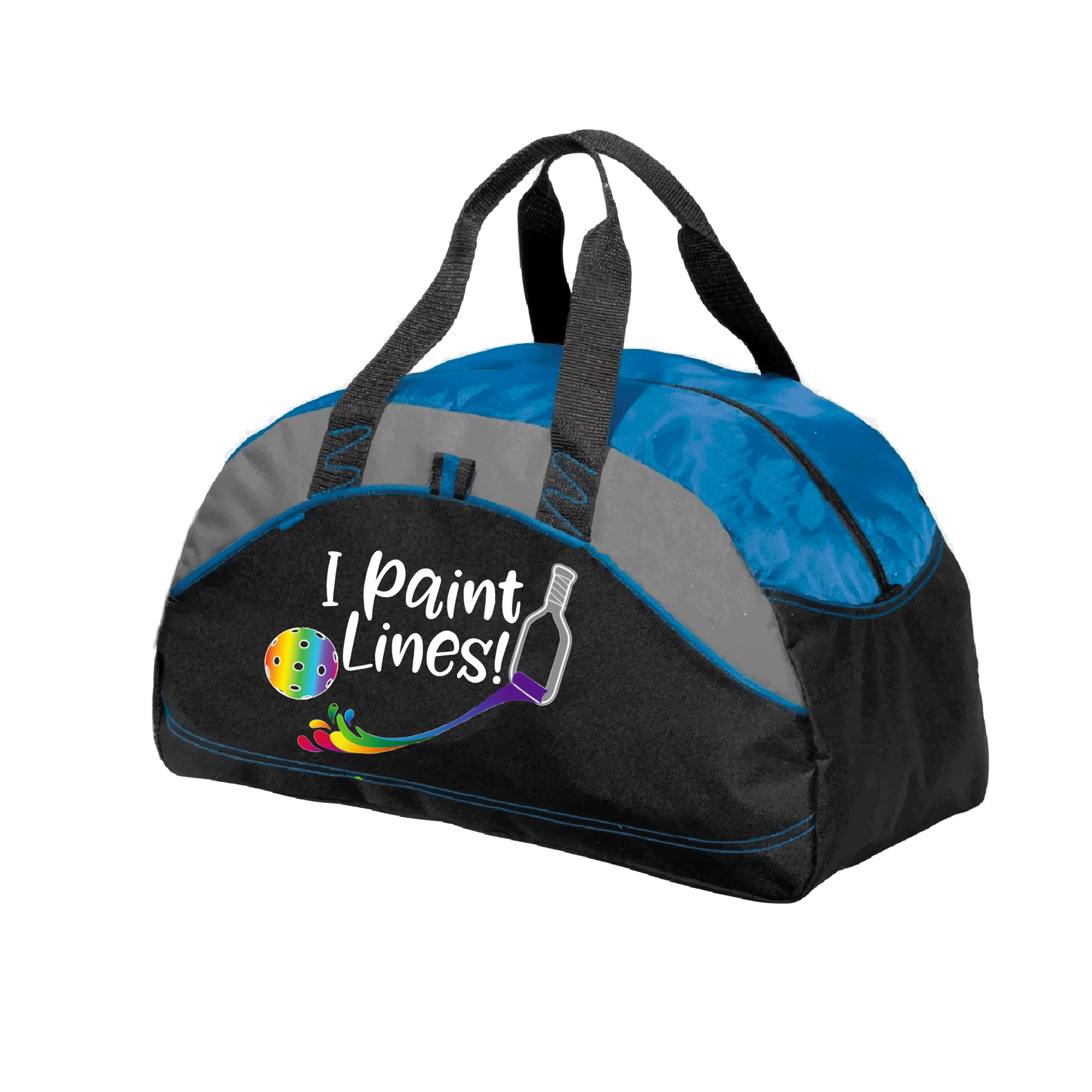 Pickleball Bag Design: I Paint Lines  Carry your gear in comfort and style. This fun pickleball duffel bag is the perfect accessory for all pickleball players needing to keep their gear in one place. This medium sized duffel tote is ideal for all your pickleball activities. The large center compartment allows for plenty of space and the mesh end pocket is perfect for holding a water bottle. Duffel bag comes with an adjustable shoulder strap and the polyester material is durable and easily cleaned.