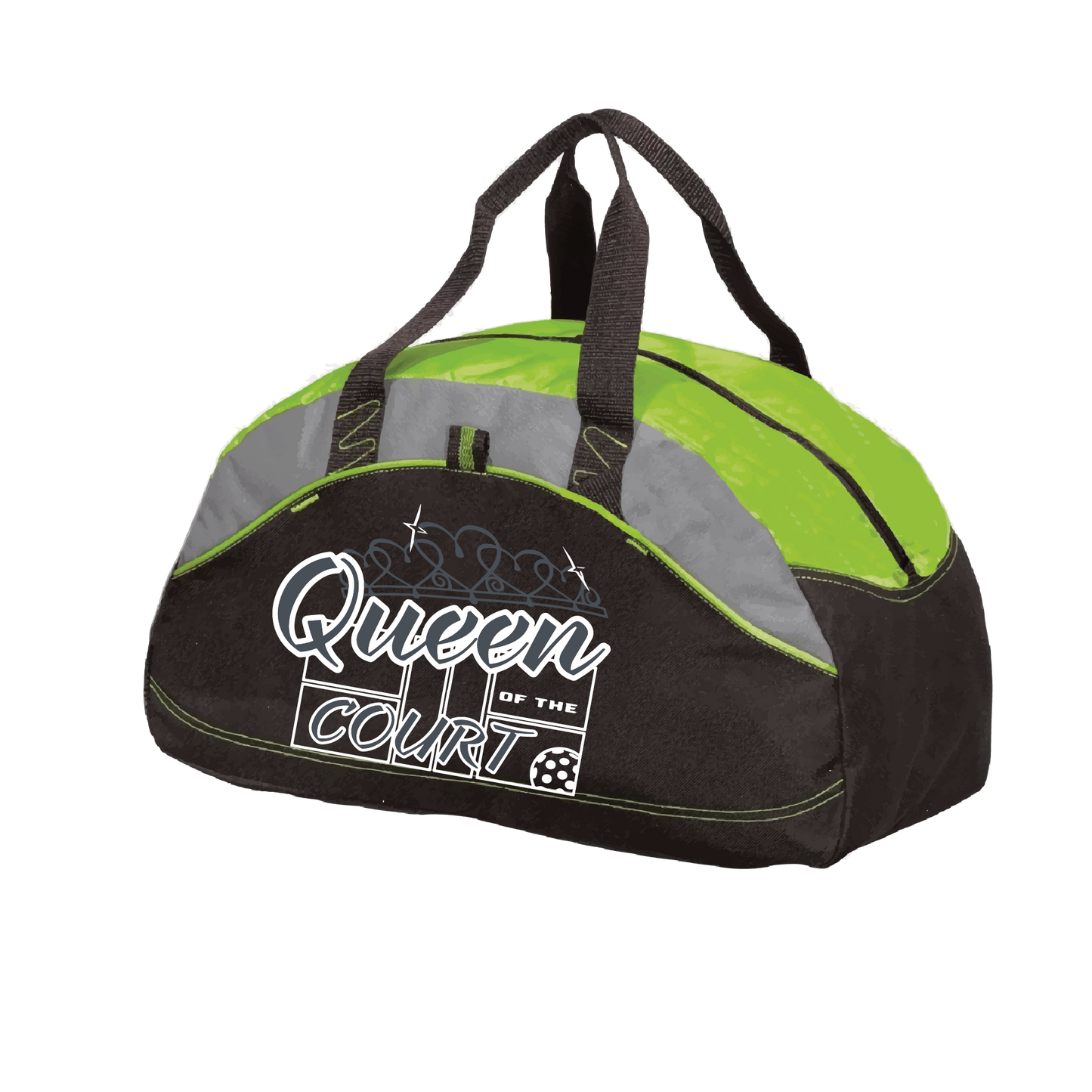 Pickleball Duffel Bag Design: Queen of the Court  Carry your gear in comfort and style. This fun pickleball duffel bag is the perfect accessory for all pickleball players needing to keep their gear in one place. This medium sized duffel tote is ideal for all your pickleball activities. The large center compartment allows for plenty of space and the mesh end pocket is perfect for holding a water bottle. 
