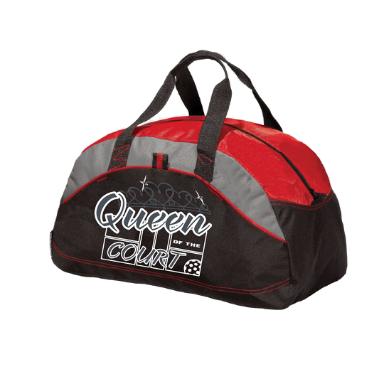 Pickleball Duffel Bag Design: Queen of the Court  Carry your gear in comfort and style. This fun pickleball duffel bag is the perfect accessory for all pickleball players needing to keep their gear in one place. This medium sized duffel tote is ideal for all your pickleball activities. The large center compartment allows for plenty of space and the mesh end pocket is perfect for holding a water bottle. 