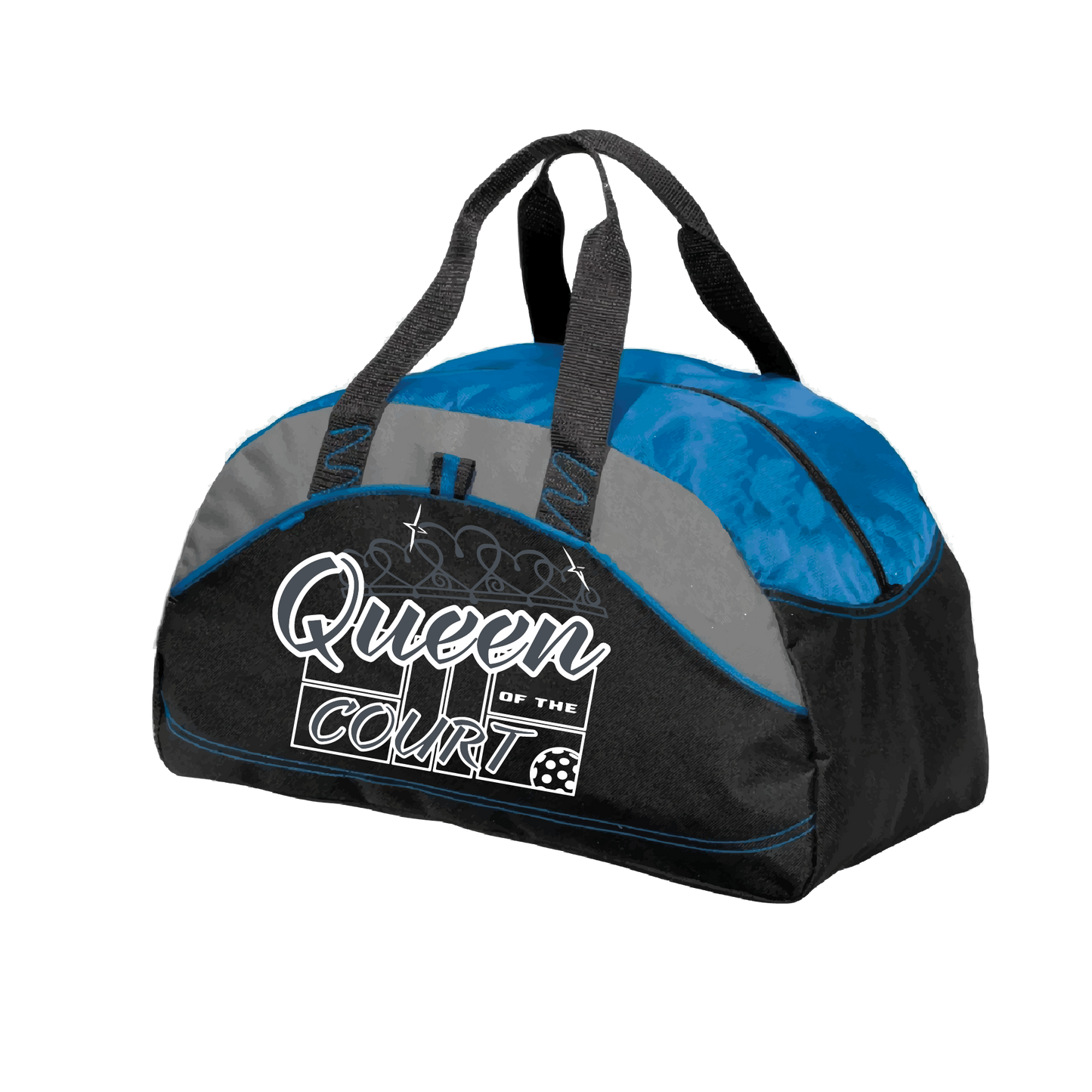 Pickleball Duffel Bag Design: Queen of the Court  Carry your gear in comfort and style. This fun pickleball duffel bag is the perfect accessory for all pickleball players needing to keep their gear in one place. This medium sized duffel tote is ideal for all your pickleball activities. The large center compartment allows for plenty of space and the mesh end pocket is perfect for holding a water bottle. 