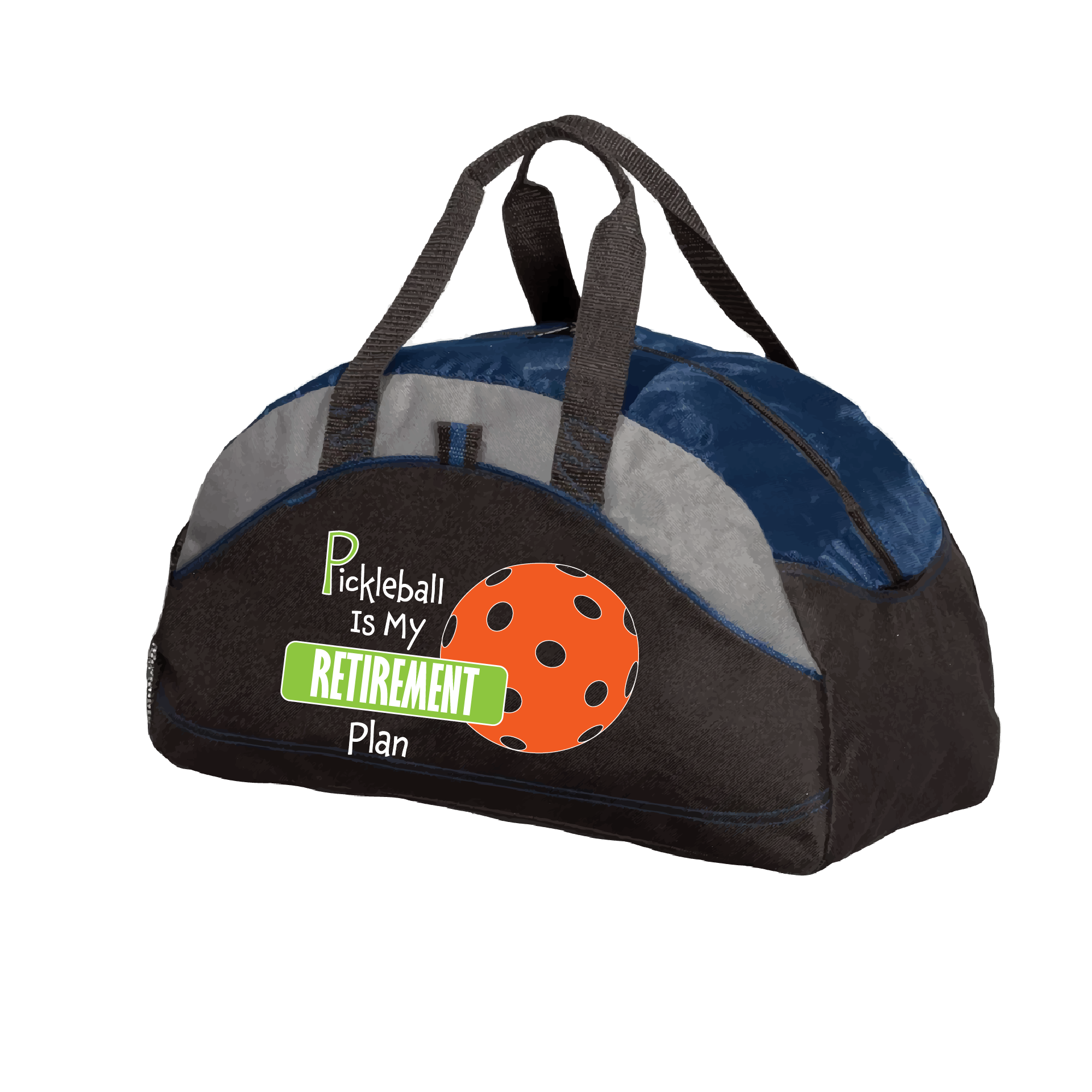 Pickleball Duffel Bag Design: Retirement Plan  Carry your gear in comfort and style. This fun pickleball duffel bag is the perfect accessory for all pickleball players needing to keep their gear in one place. This medium sized duffel tote is ideal for all your pickleball activities. The large center compartment allows for plenty of space and the mesh end pocket is perfect for holding a water bottle. 