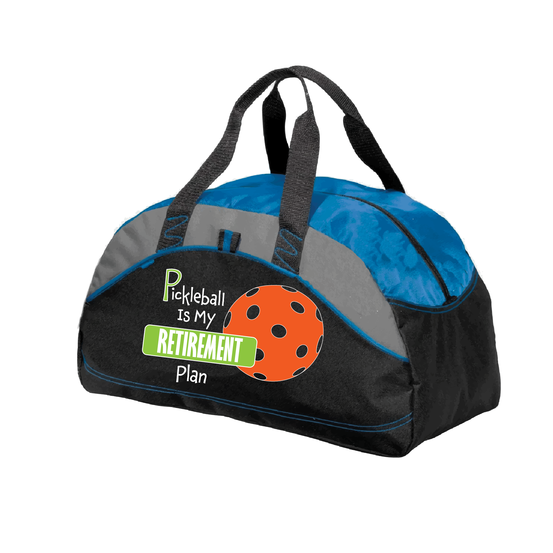 Pickleball Duffel Bag Design: Retirement Plan  Carry your gear in comfort and style. This fun pickleball duffel bag is the perfect accessory for all pickleball players needing to keep their gear in one place. This medium sized duffel tote is ideal for all your pickleball activities. The large center compartment allows for plenty of space and the mesh end pocket is perfect for holding a water bottle. 