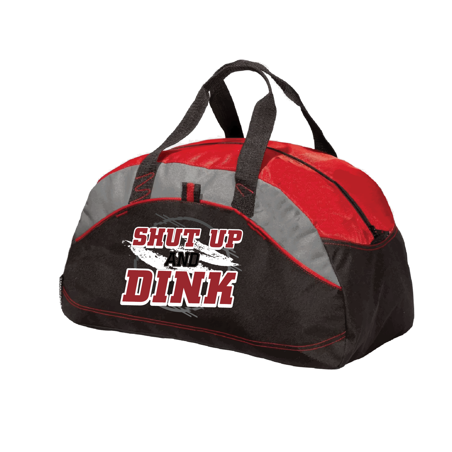 Pickleball Duffel bAg Design: Shut Up and Dink  Carry your gear in comfort and style. This fun pickleball duffel bag is the perfect accessory for all pickleball players needing to keep their gear in one place. This medium sized duffel tote is ideal for all your pickleball activities. The large center compartment allows for plenty of space and the mesh end pocket is perfect for holding a water bottle.