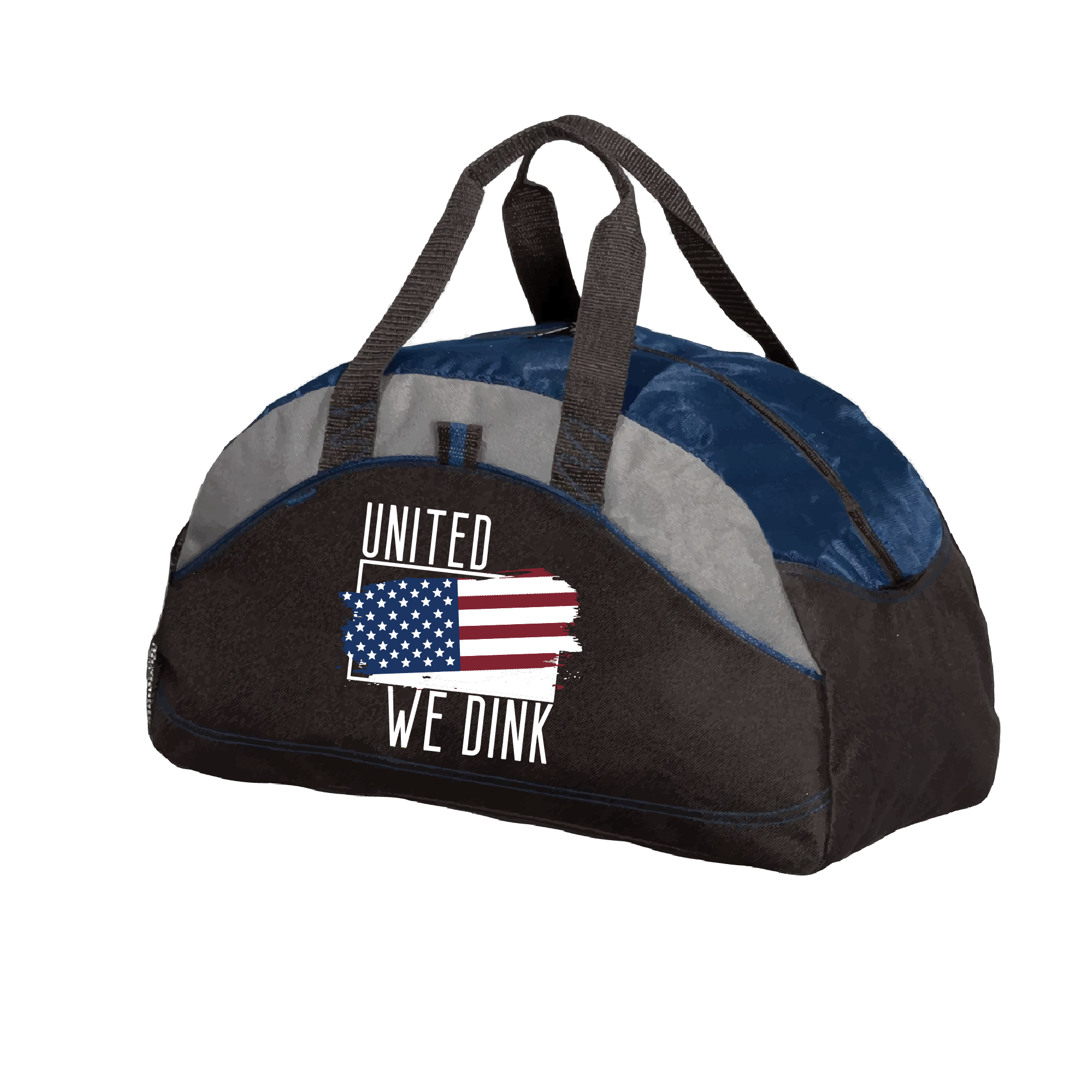 Pickleball Duffel Bag Design: United We Dink  Carry your gear in comfort and style. This fun pickleball duffel bag is the perfect accessory for all pickleball players needing to keep their gear in one place. This medium sized duffel tote is ideal for all your pickleball activities. The large center compartment allows for plenty of space and the mesh end pocket is perfect for holding a water bottle.
