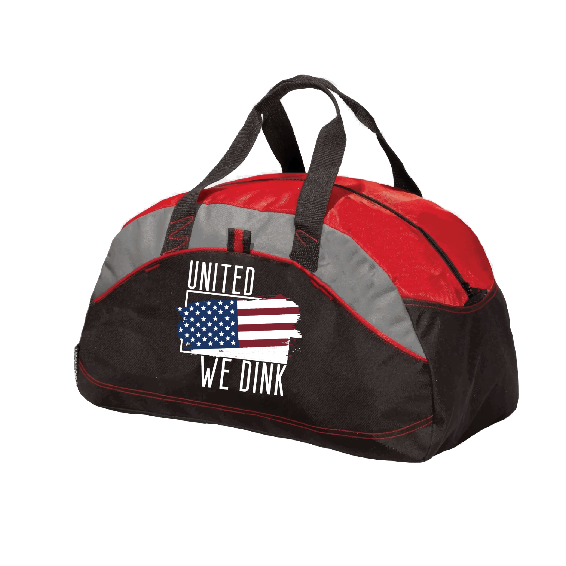 Pickleball Duffel Bag Design: United We Dink  Carry your gear in comfort and style. This fun pickleball duffel bag is the perfect accessory for all pickleball players needing to keep their gear in one place. This medium sized duffel tote is ideal for all your pickleball activities. The large center compartment allows for plenty of space and the mesh end pocket is perfect for holding a water bottle.
