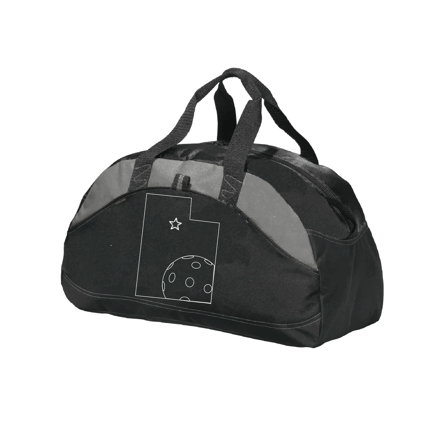 Pickleball Duffel Bag Design: Utah with Ball  Carry your gear in comfort and style. This fun pickleball duffel bag is the perfect accessory for all pickleball players needing to keep their gear in one place. This medium sized duffel tote is ideal for all your pickleball activities. The large center compartment allows for plenty of space and the mesh end pocket is perfect for holding a water bottle.