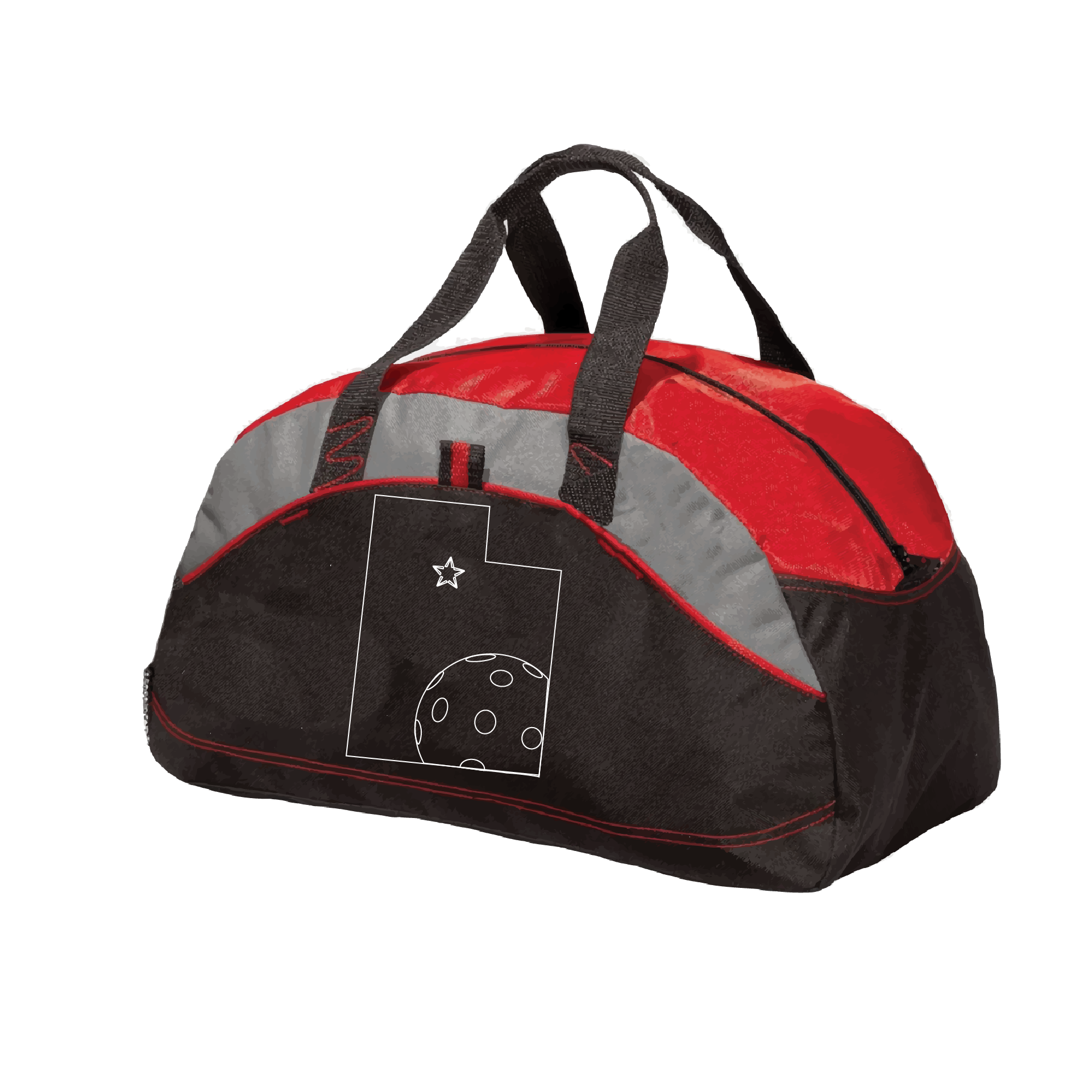Pickleball Duffel Bag Design: Utah with Ball  Carry your gear in comfort and style. This fun pickleball duffel bag is the perfect accessory for all pickleball players needing to keep their gear in one place. This medium sized duffel tote is ideal for all your pickleball activities. The large center compartment allows for plenty of space and the mesh end pocket is perfect for holding a water bottle.