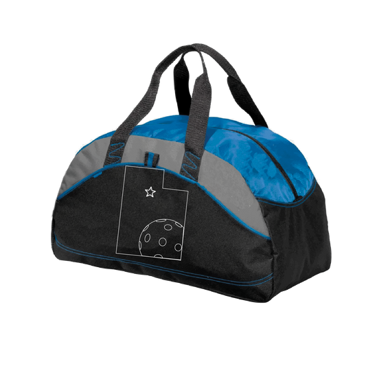 Pickleball Duffel Bag Design: Utah with Ball  Carry your gear in comfort and style. This fun pickleball duffel bag is the perfect accessory for all pickleball players needing to keep their gear in one place. This medium sized duffel tote is ideal for all your pickleball activities. The large center compartment allows for plenty of space and the mesh end pocket is perfect for holding a water bottle.