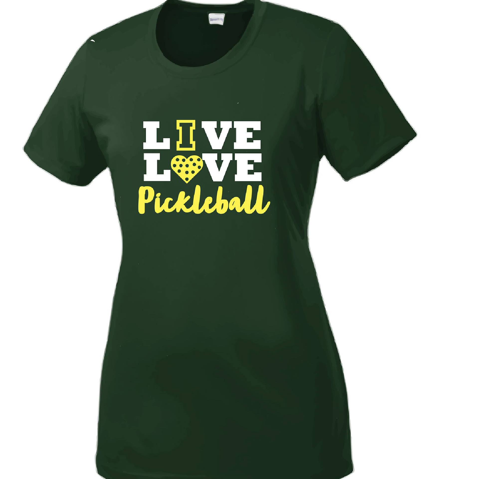 Design: "Live Love Pickleball"  Women's Styles: Short Sleeve Crew-Neck (SS)  Turn up the volume in this Women's shirt with its perfect mix of softness and attitude. Material is ultra-comfortable with moisture wicking properties and tri-blend softness. PosiCharge technology locks in color. Highly breathable and lightweight.