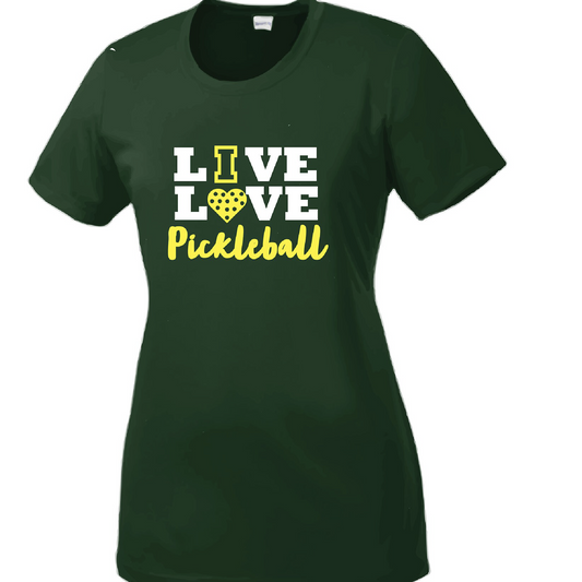 Design: "Live Love Pickleball"  Women's Styles: Short Sleeve Crew-Neck (SS)  Turn up the volume in this Women's shirt with its perfect mix of softness and attitude. Material is ultra-comfortable with moisture wicking properties and tri-blend softness. PosiCharge technology locks in color. Highly breathable and lightweight.