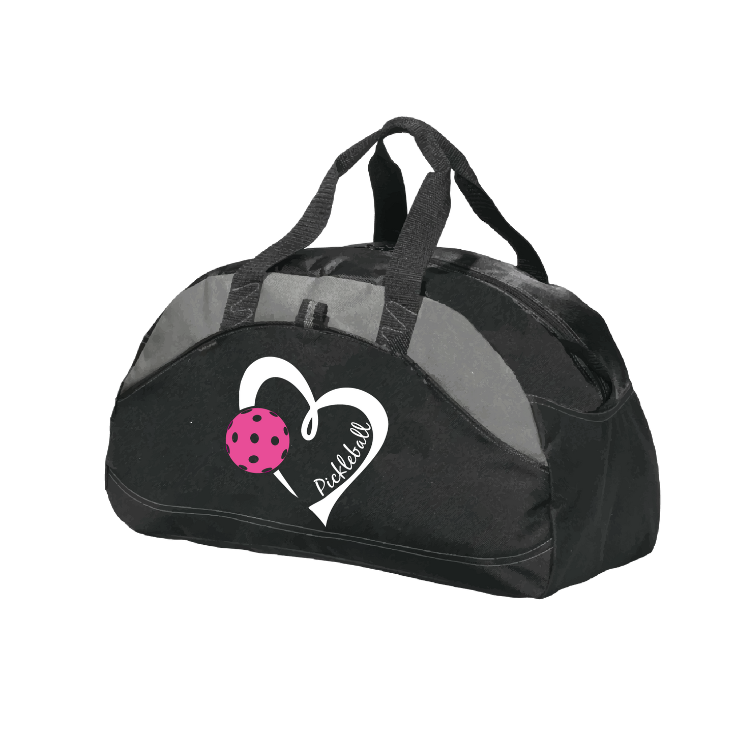 Pickleball Duffel Bag Design: Heart with Pickleball  Carry your gear in comfort and style. This fun pickleball duffel bag is the perfect accessory for all pickleball players needing to keep their gear in one place. This medium sized duffel tote is ideal for all your pickleball activities. The large center compartment allows for plenty of space and the mesh end pocket is perfect for holding a water bottle.