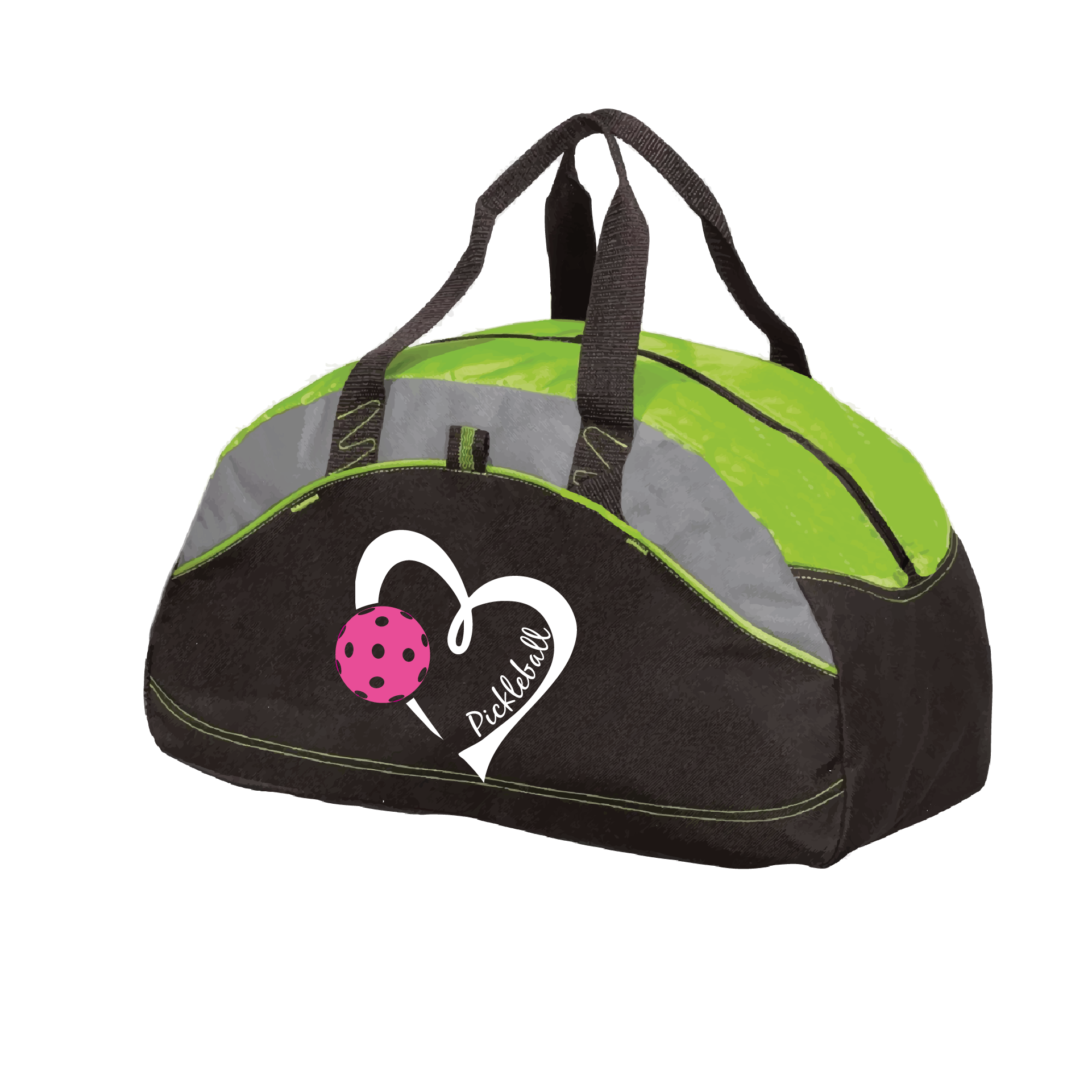 Pickleball Duffel Bag Design: Heart with Pickleball  Carry your gear in comfort and style. This fun pickleball duffel bag is the perfect accessory for all pickleball players needing to keep their gear in one place. This medium sized duffel tote is ideal for all your pickleball activities. The large center compartment allows for plenty of space and the mesh end pocket is perfect for holding a water bottle.