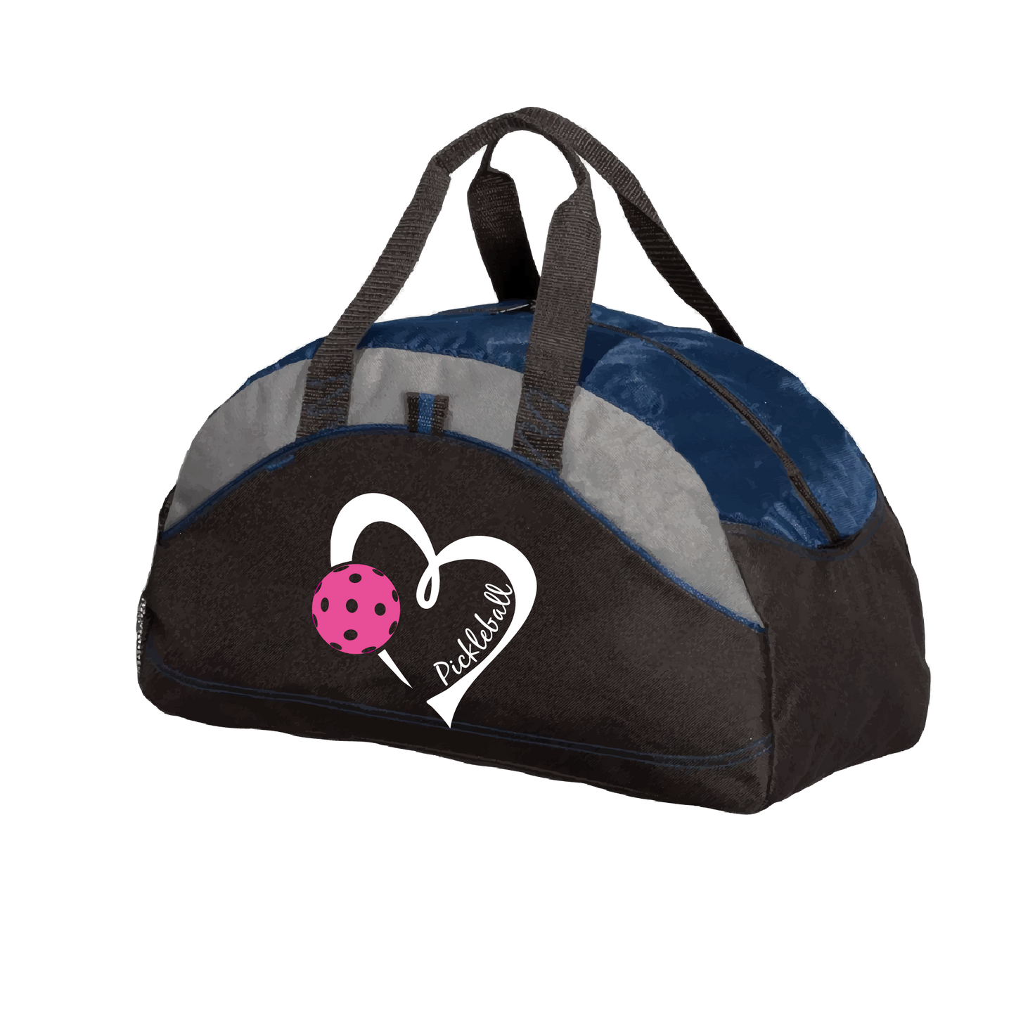 Pickleball Duffel Bag Design: Heart with Pickleball  Carry your gear in comfort and style. This fun pickleball duffel bag is the perfect accessory for all pickleball players needing to keep their gear in one place. This medium sized duffel tote is ideal for all your pickleball activities. The large center compartment allows for plenty of space and the mesh end pocket is perfect for holding a water bottle.