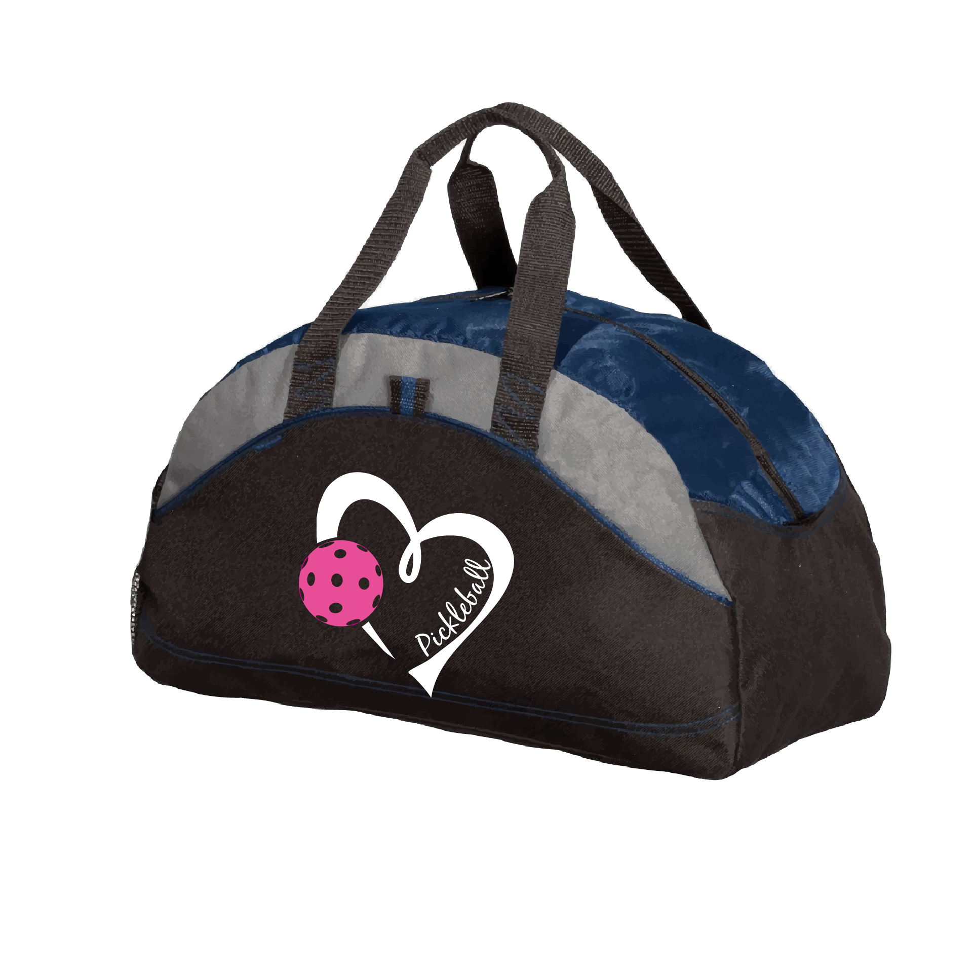 Pickleball Duffel Bag Design: Heart with Pickleball  Carry your gear in comfort and style. This fun pickleball duffel bag is the perfect accessory for all pickleball players needing to keep their gear in one place. This medium sized duffel tote is ideal for all your pickleball activities. The large center compartment allows for plenty of space and the mesh end pocket is perfect for holding a water bottle.