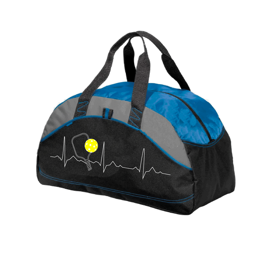 Pickleball Duffel Bag Design: Heartbeat  Carry your gear in comfort and style. This fun pickleball duffel bag is the perfect accessory for all pickleball players needing to keep their gear in one place. This medium sized duffel tote is ideal for all your pickleball activities. The large center compartment allows for plenty of space and the mesh end pocket is perfect for holding a water bottle. 