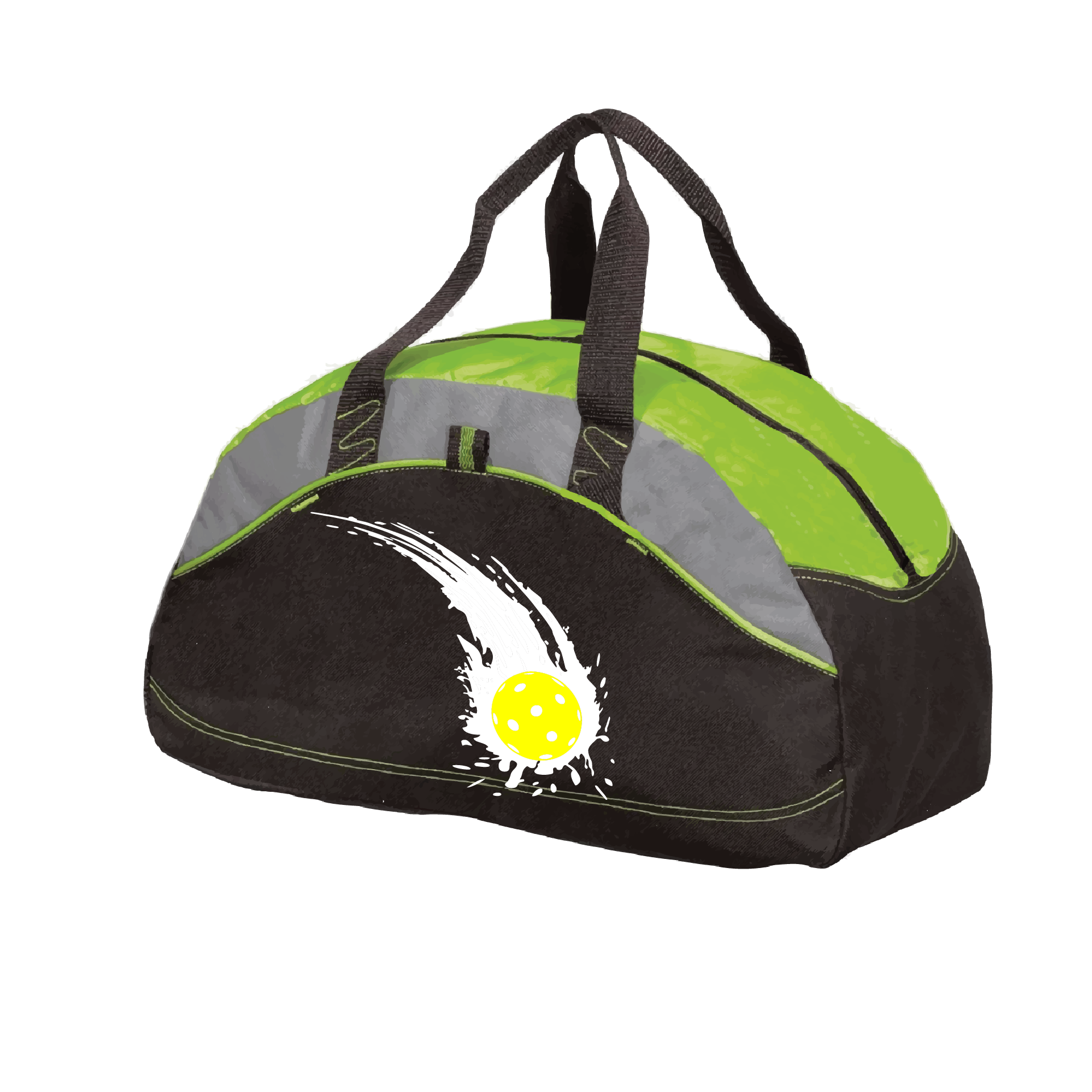Pickleball Duffel Bag Design: Impact  Carry your gear in comfort and style. This fun pickleball duffel bag is the perfect accessory for all pickleball players needing to keep their gear in one place. This medium sized duffel tote is ideal for all your pickleball activities. The large center compartment allows for plenty of space and the mesh end pocket is perfect for holding a water bottle. 