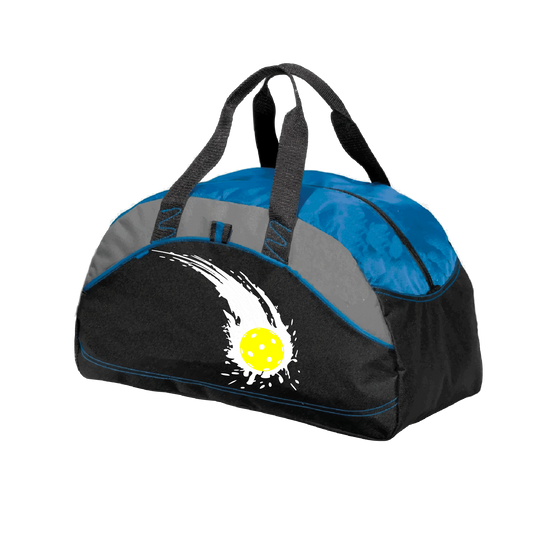 Pickleball Duffel Bag Design: Impact  Carry your gear in comfort and style. This fun pickleball duffel bag is the perfect accessory for all pickleball players needing to keep their gear in one place. This medium sized duffel tote is ideal for all your pickleball activities. The large center compartment allows for plenty of space and the mesh end pocket is perfect for holding a water bottle. 