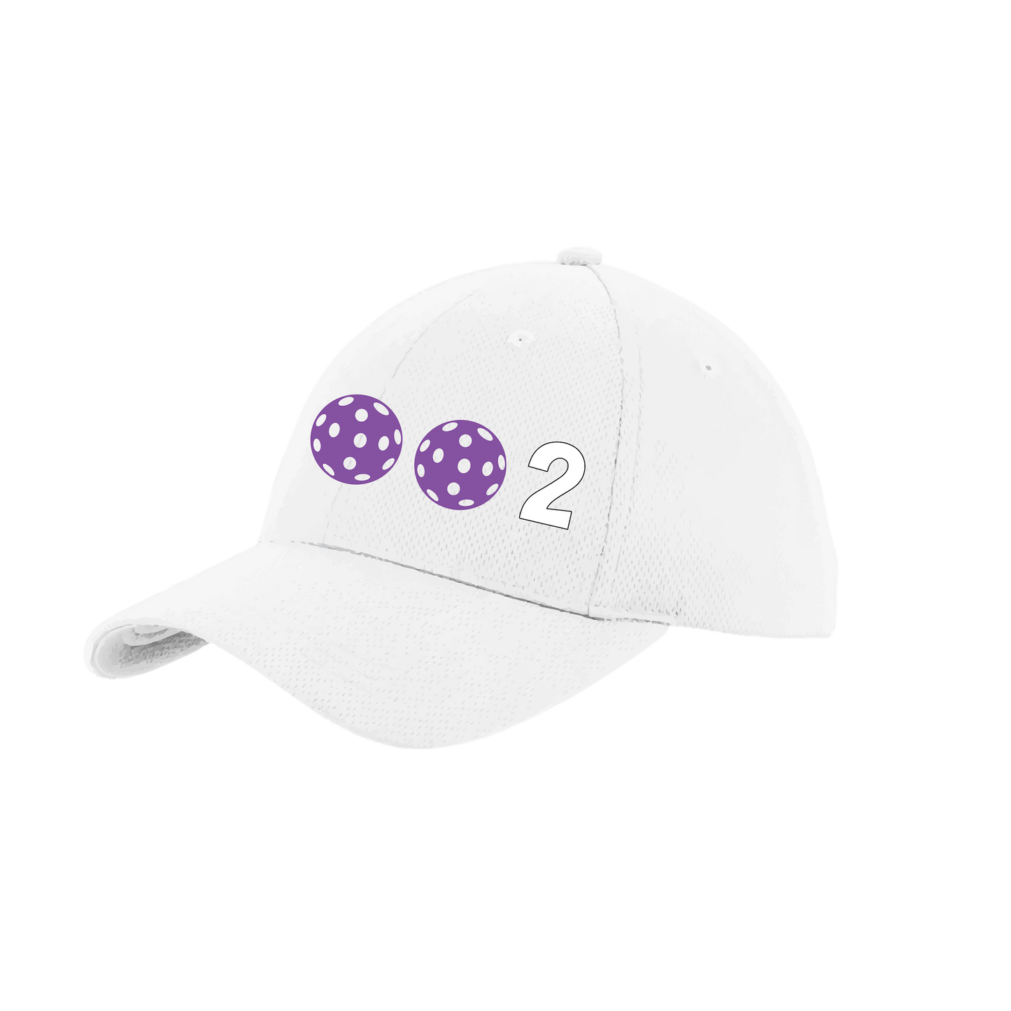 Design: 002 with Customizable Ball color  This fun pickleball hat is the perfect accessory for all pickleball players needing to keep their focus on the game and not the sun. The moisture-wicking material is made of 100% polyester with closed-hole flat back mesh and PosiCharge Technology. The back closure is a hock and loop style made to adjust to every adult.