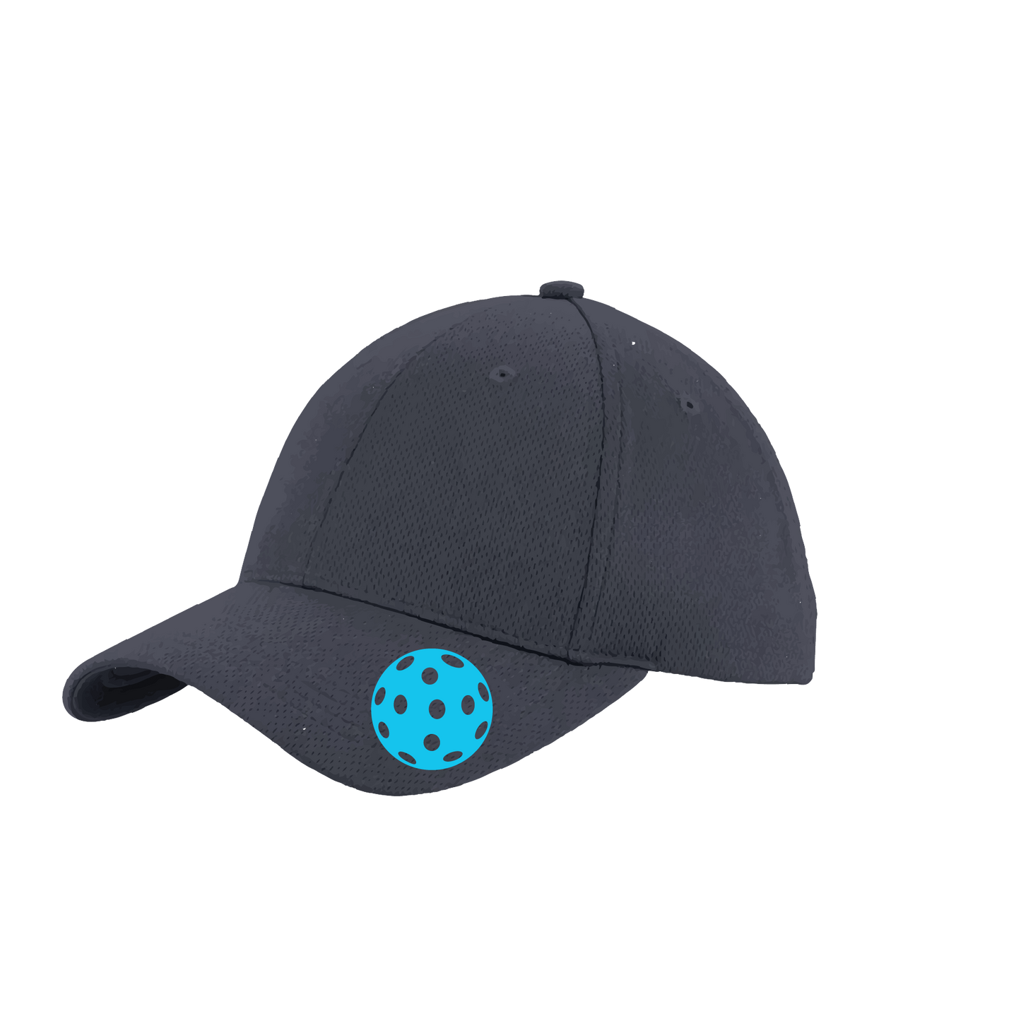 Design: Cyan Pickleball  This fun pickleball hat is the perfect accessory for all pickleball players needing to keep their focus on the game and not the sun. The moisture-wicking material is made of 100% polyester with closed-hole flat back mesh and PosiCharge Technology. The back closure is a hock and loop style made to adjust to every adult.