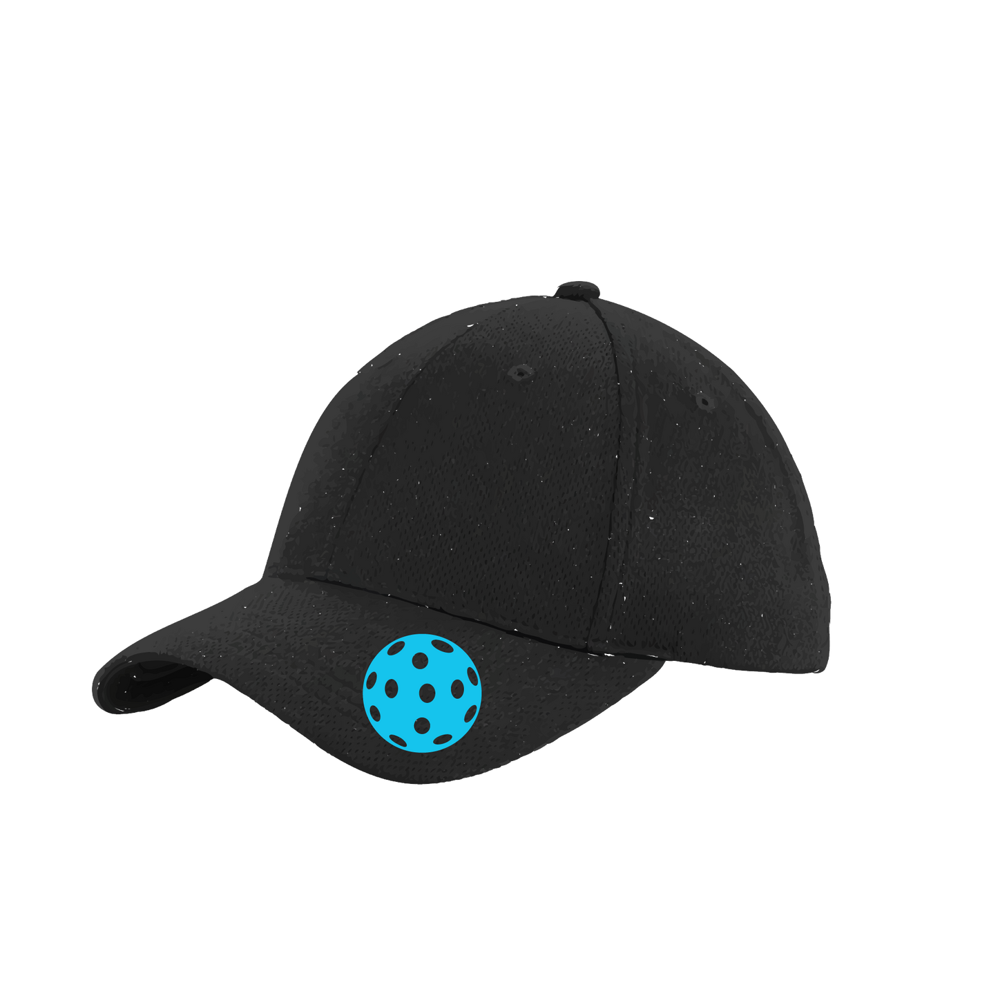 Design: Cyan Pickleball  This fun pickleball hat is the perfect accessory for all pickleball players needing to keep their focus on the game and not the sun. The moisture-wicking material is made of 100% polyester with closed-hole flat back mesh and PosiCharge Technology. The back closure is a hock and loop style made to adjust to every adult.