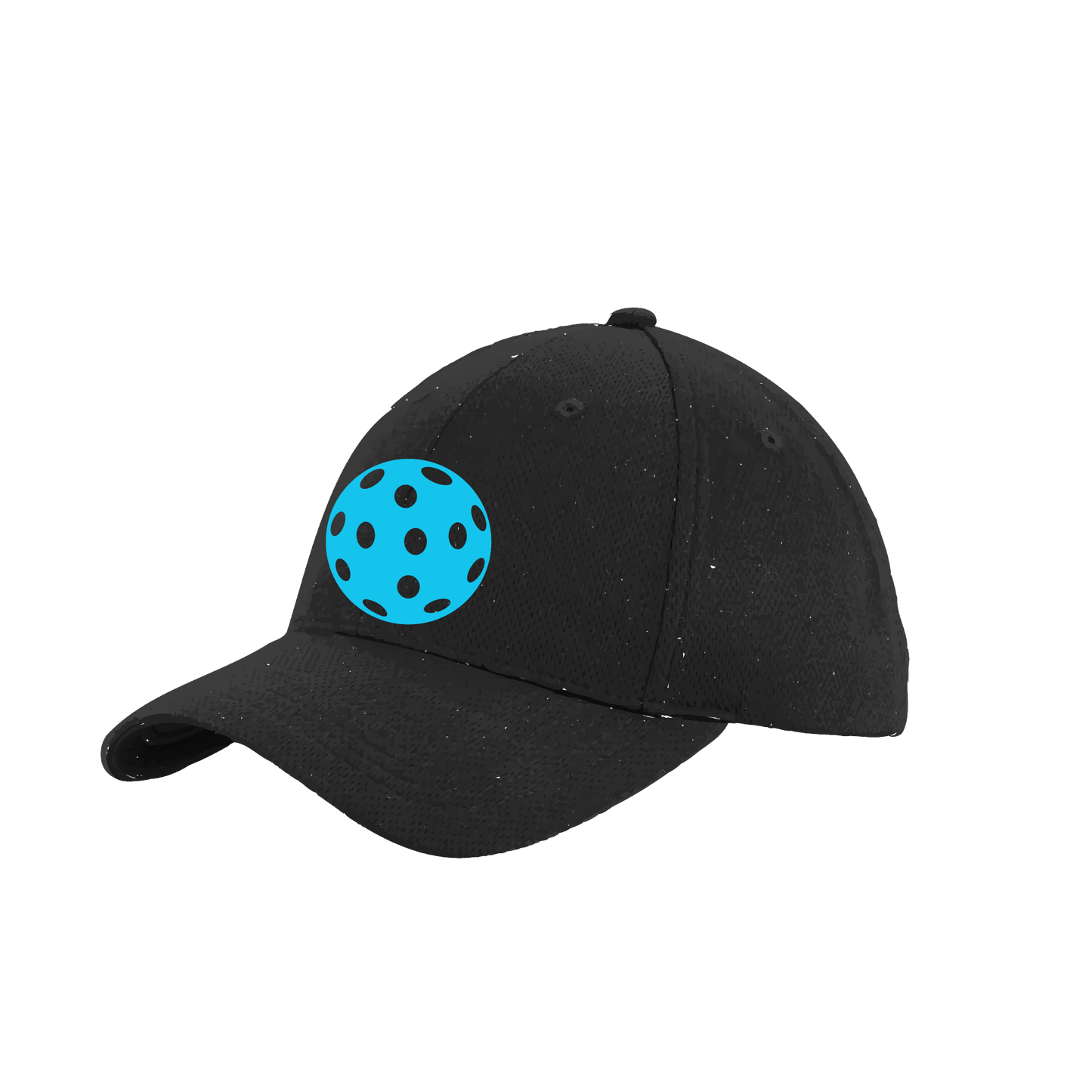 Design: Cyan Pickleball  This fun pickleball hat is the perfect accessory for all pickleball players needing to keep their focus on the game and not the sun. The moisture-wicking material is made of 100% polyester with closed-hole flat back mesh and PosiCharge Technology. The back closure is a hock and loop style made to adjust to every adult.