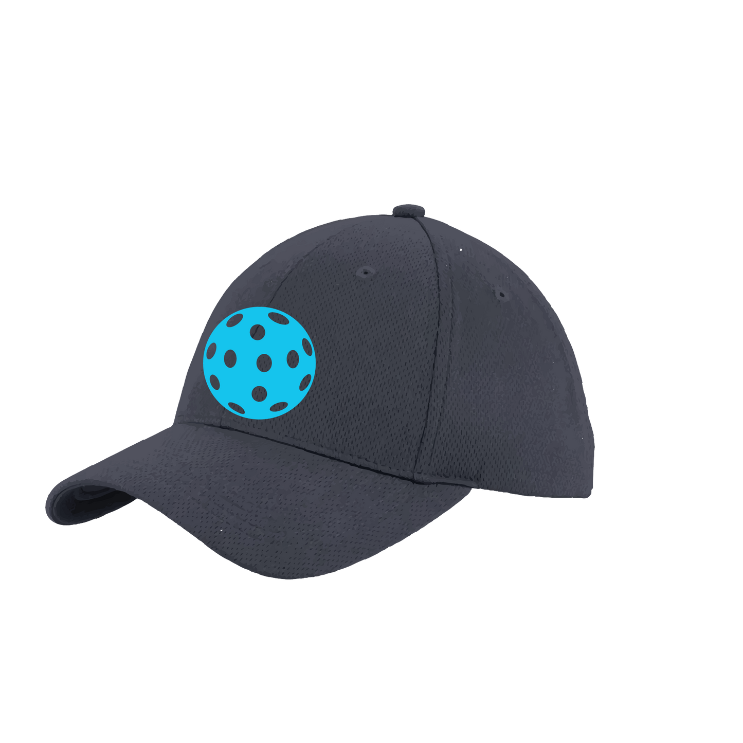 Design: Cyan Pickleball  This fun pickleball hat is the perfect accessory for all pickleball players needing to keep their focus on the game and not the sun. The moisture-wicking material is made of 100% polyester with closed-hole flat back mesh and PosiCharge Technology. The back closure is a hock and loop style made to adjust to every adult.