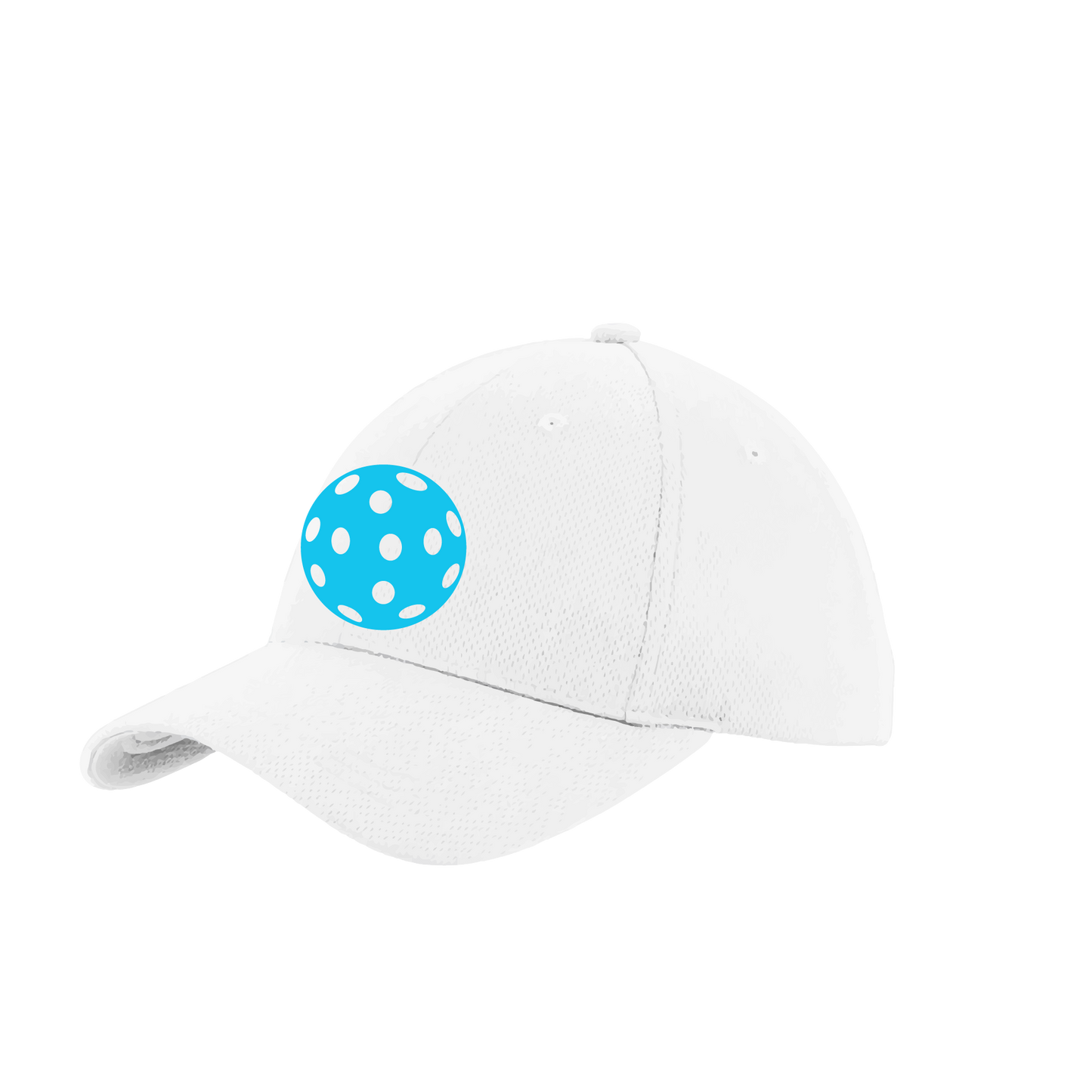 Design: Cyan Pickleball  This fun pickleball hat is the perfect accessory for all pickleball players needing to keep their focus on the game and not the sun. The moisture-wicking material is made of 100% polyester with closed-hole flat back mesh and PosiCharge Technology. The back closure is a hock and loop style made to adjust to every adult.