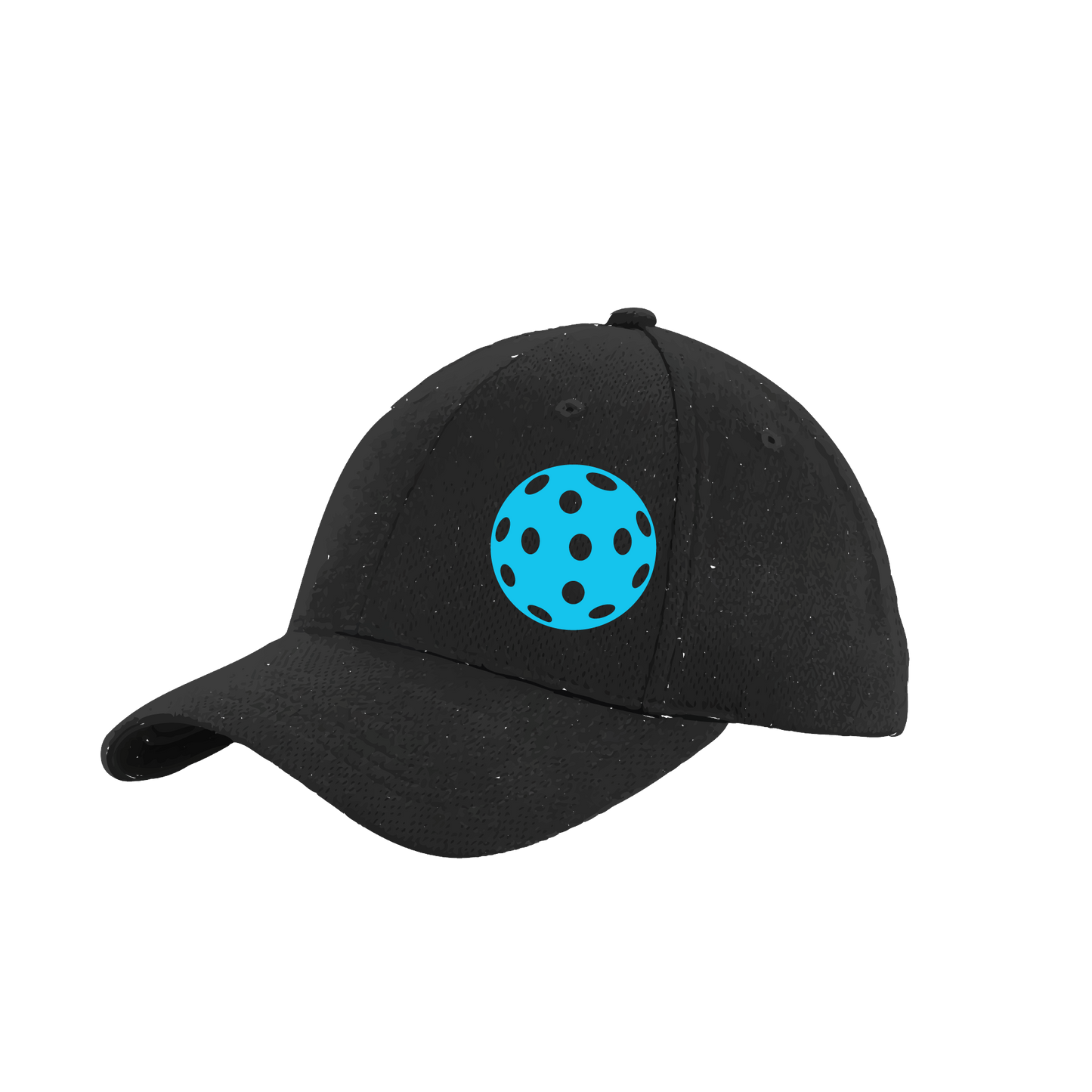 Design: Cyan Pickleball  This fun pickleball hat is the perfect accessory for all pickleball players needing to keep their focus on the game and not the sun. The moisture-wicking material is made of 100% polyester with closed-hole flat back mesh and PosiCharge Technology. The back closure is a hock and loop style made to adjust to every adult.