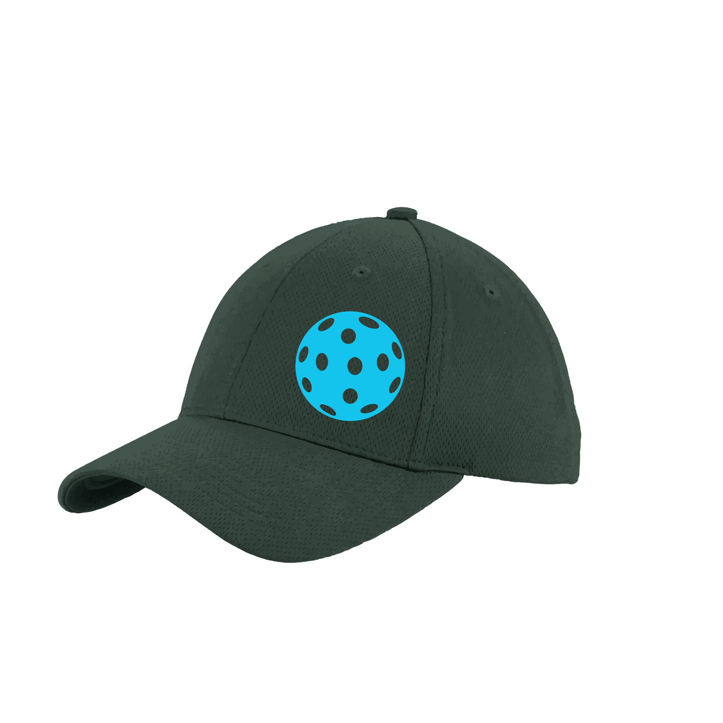 Design: Cyan Pickleball  This fun pickleball hat is the perfect accessory for all pickleball players needing to keep their focus on the game and not the sun. The moisture-wicking material is made of 100% polyester with closed-hole flat back mesh and PosiCharge Technology. The back closure is a hock and loop style made to adjust to every adult.