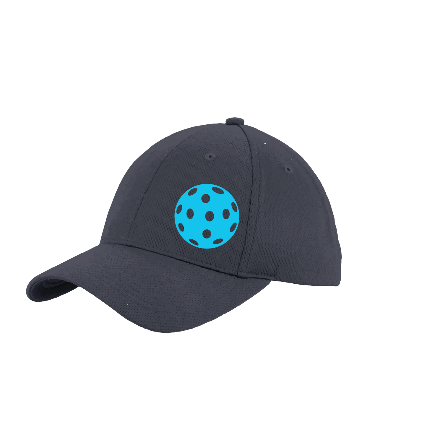 Design: Cyan Pickleball  This fun pickleball hat is the perfect accessory for all pickleball players needing to keep their focus on the game and not the sun. The moisture-wicking material is made of 100% polyester with closed-hole flat back mesh and PosiCharge Technology. The back closure is a hock and loop style made to adjust to every adult.