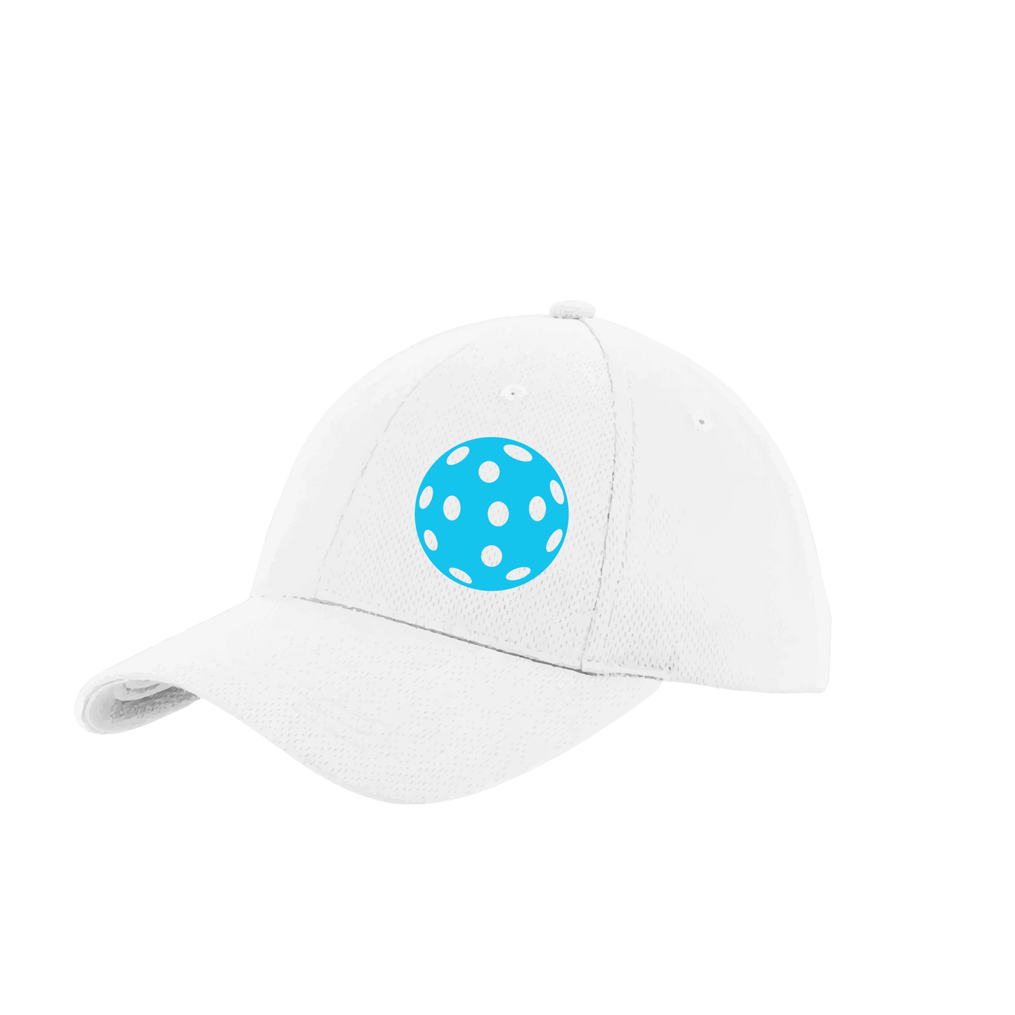 Design: Cyan Pickleball  This fun pickleball hat is the perfect accessory for all pickleball players needing to keep their focus on the game and not the sun. The moisture-wicking material is made of 100% polyester with closed-hole flat back mesh and PosiCharge Technology. The back closure is a hock and loop style made to adjust to every adult.