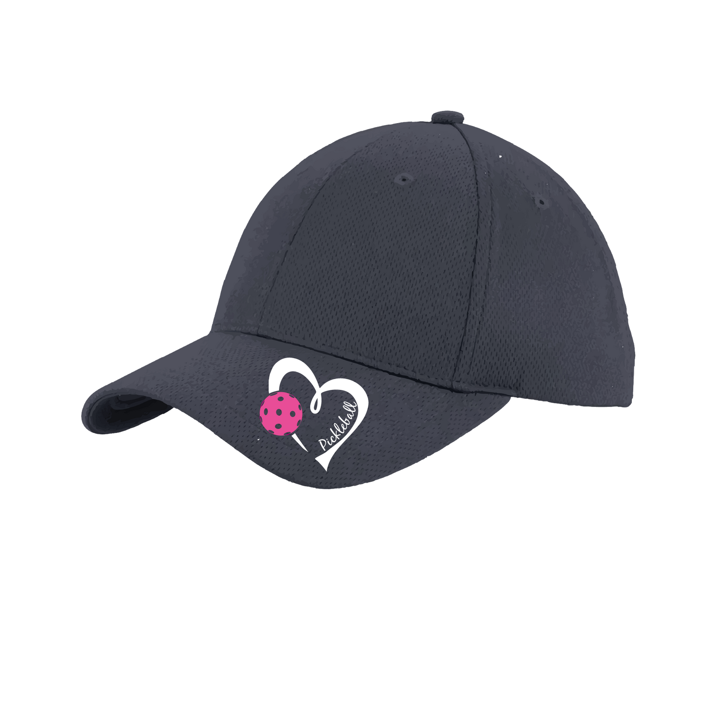 Pickleball Hat Design: Pickleball Heart  This fun pickleball hat is the perfect accessory for all pickleball players needing to keep their focus on the game and not the sun. The moisture-wicking material is made of 100% polyester with closed-hole flat back mesh and PosiCharge Technology. The back closure is a hock and loop style made to adjust to every adult.