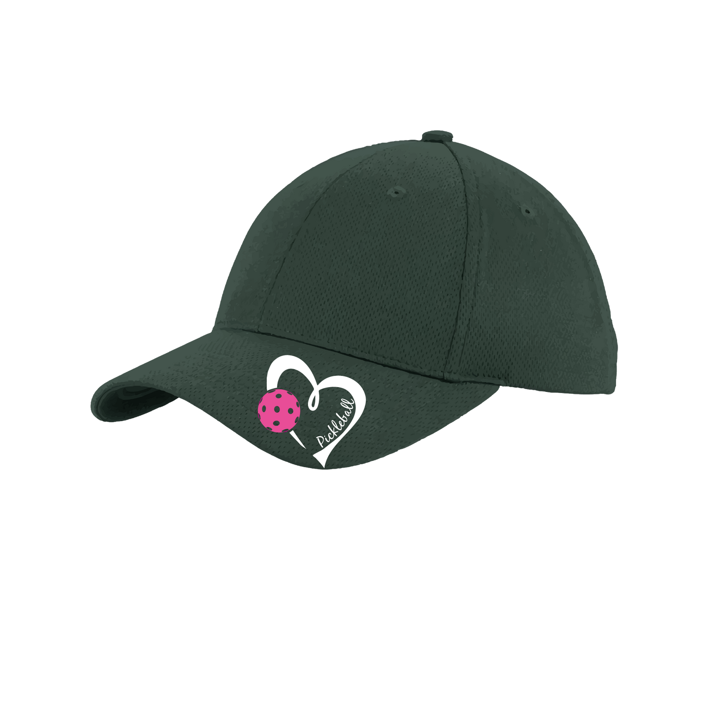 Pickleball Hat Design: Pickleball Heart  This fun pickleball hat is the perfect accessory for all pickleball players needing to keep their focus on the game and not the sun. The moisture-wicking material is made of 100% polyester with closed-hole flat back mesh and PosiCharge Technology. The back closure is a hock and loop style made to adjust to every adult.